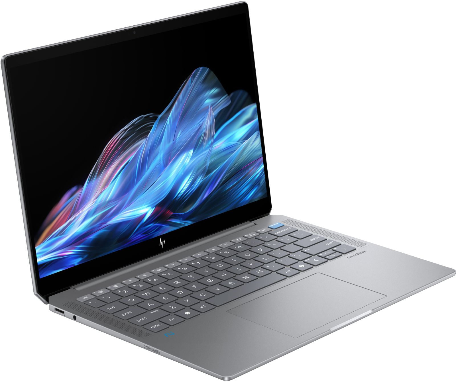 Srebrny laptop jest otwarty, wyświetlając niebieski i fioletowy wzór na ekranie, z widoczną klawiaturą.