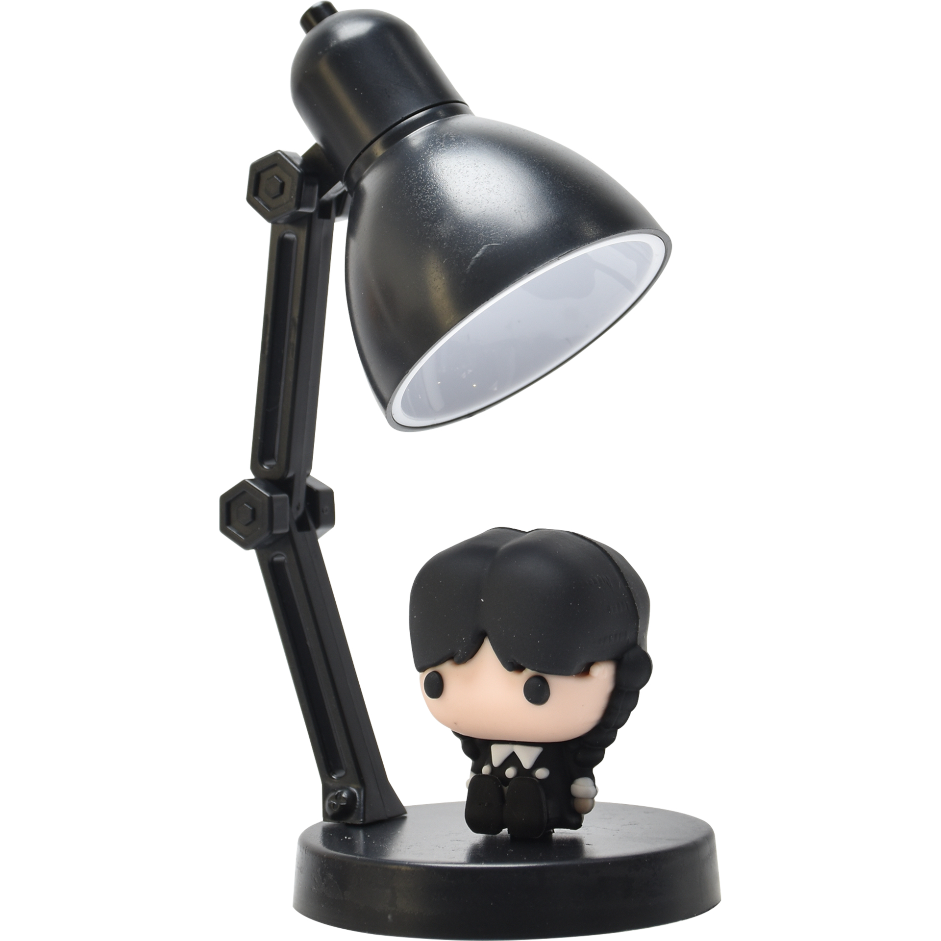 Lámpara de escritorio negra con figura de Wednesday Addams sobre base negra. La luz ilumina la figura.