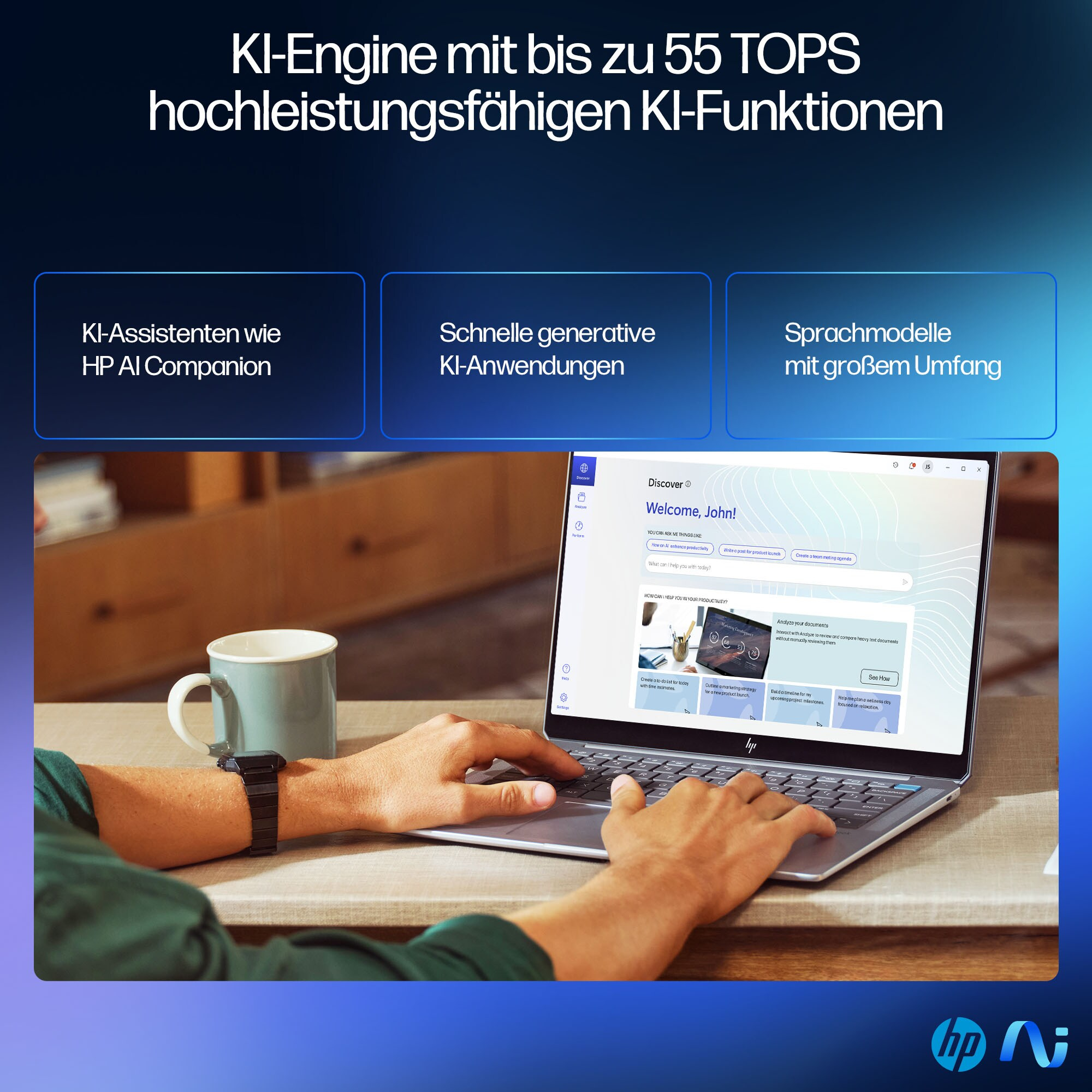 Osoba korzystająca z laptopa, z kubkiem i zegarkiem w pobliżu, na biurku. Ekran wyświetla stronę internetową.