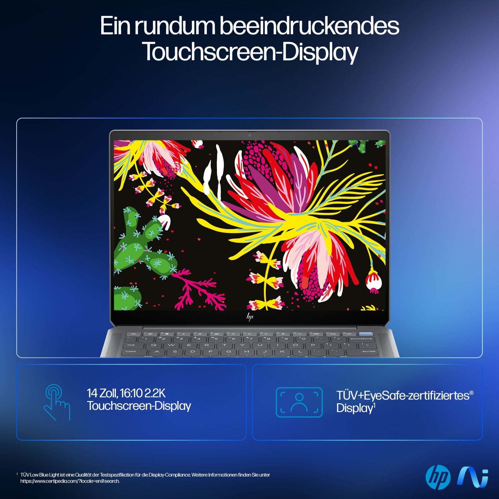 Ekran laptopa wyświetla kolorowy kwiatowy wzór z tekstem o ekranie dotykowym i bezpiecznym dla oczu wyświetlaczu.