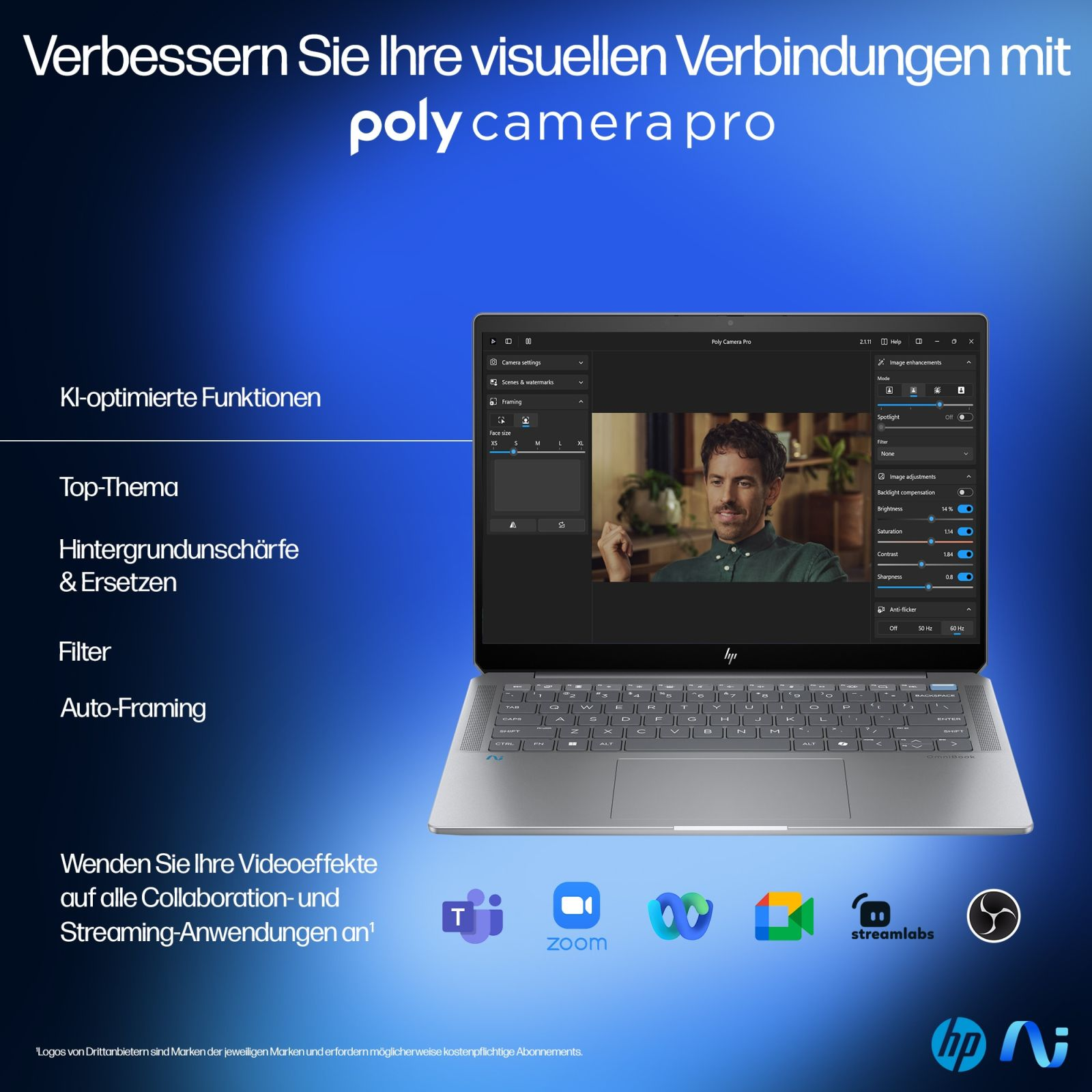 Ekran laptopa wyświetla interfejs wideokonferencji. Funkcje obejmują funkcje zoptymalizowane przez AI i aplikacje do współpracy.