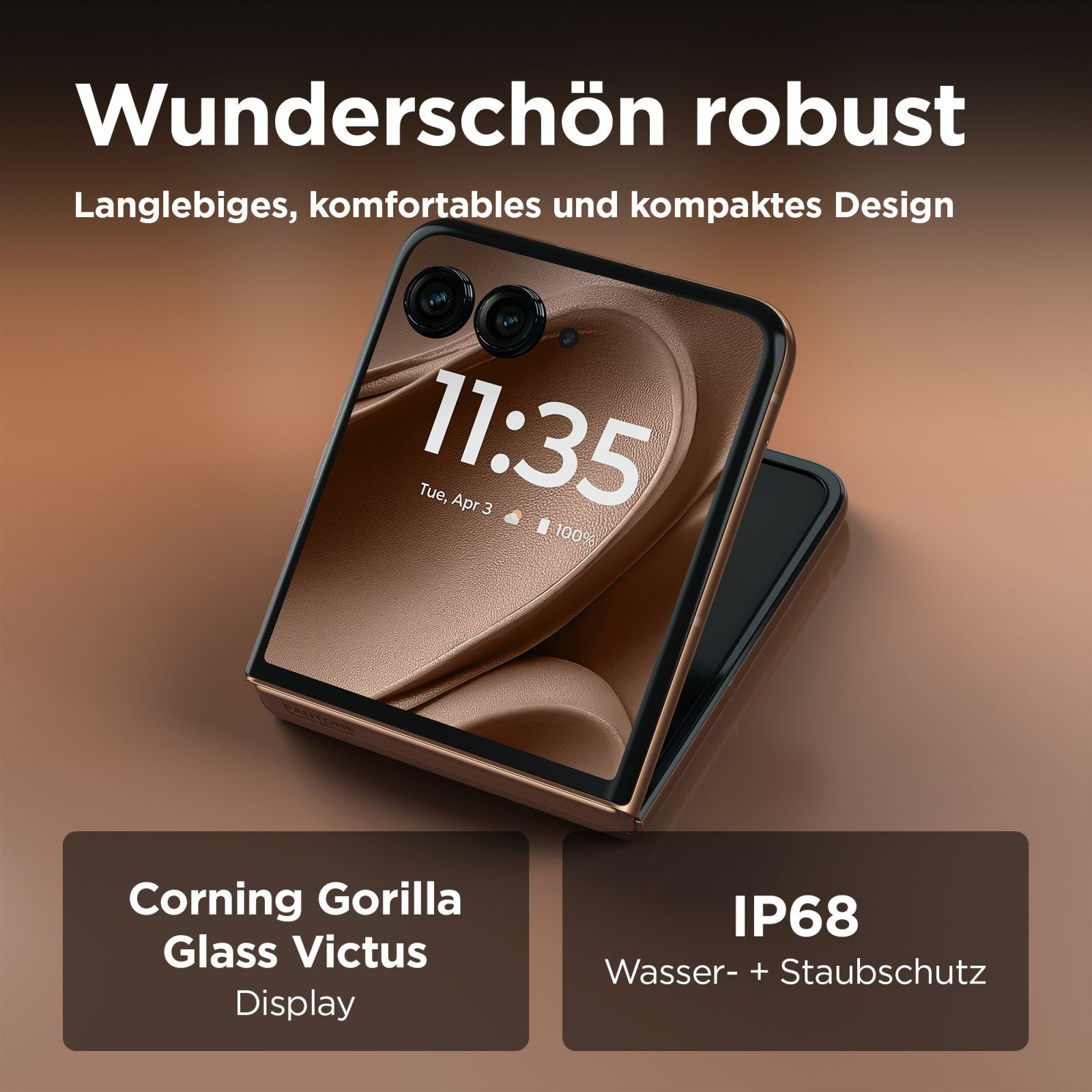Aufgeklapptes Handy, zeigt Zeit, Datum und Akkustatus. Goldfarbenes Telefon. Hintergrund ist ein brauner Farbverlauf.