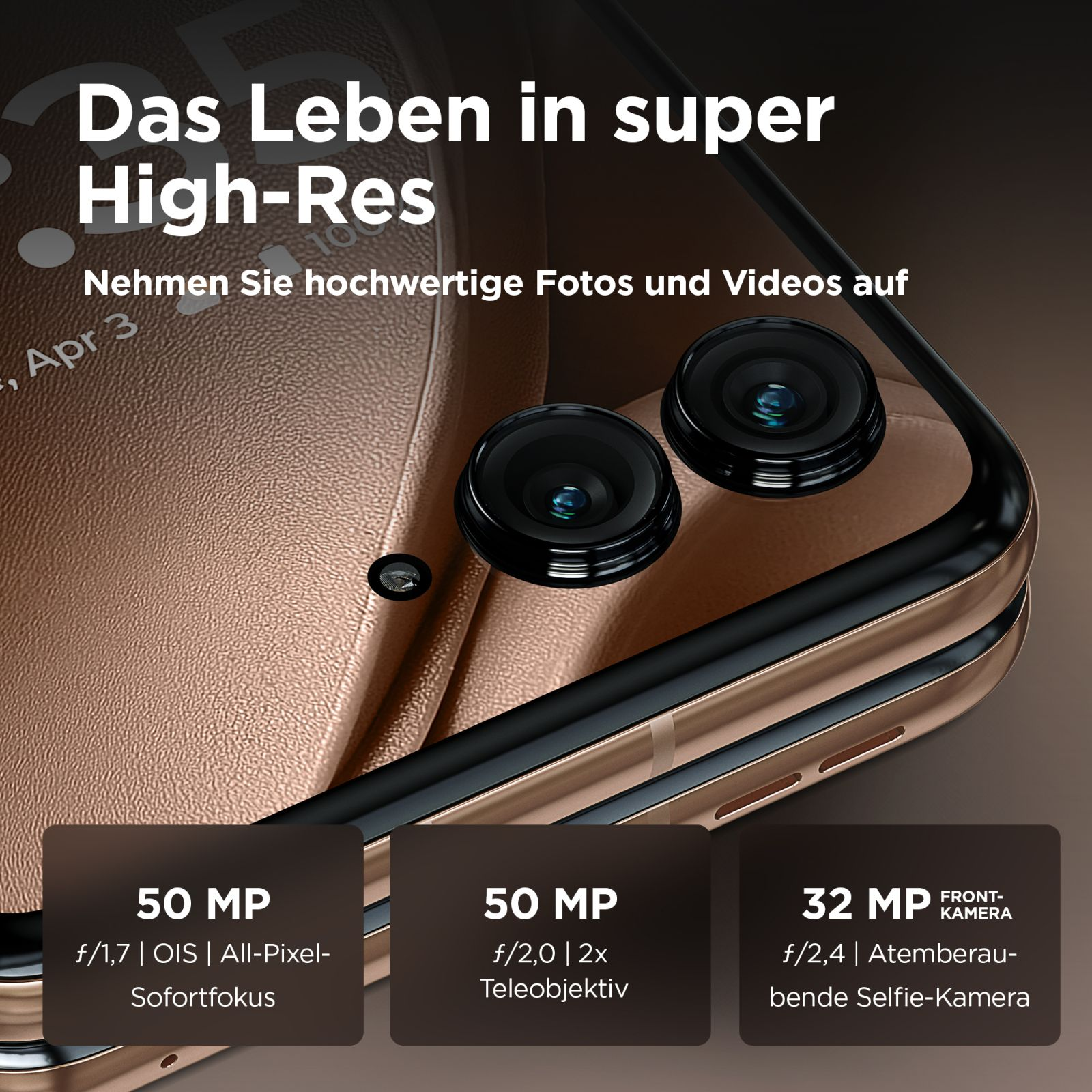 Ein Smartphone mit zwei Kameras und einem Bildschirm, der Spezifikationen anzeigt, in Goldtönen gehalten.