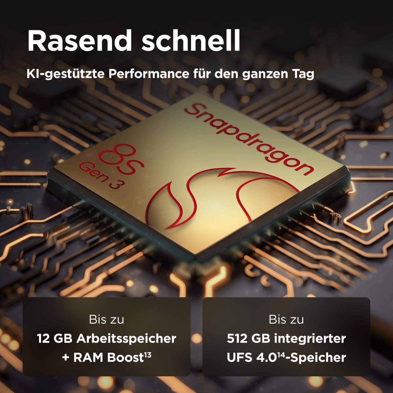 Nahaufnahme eines Prozessorchips, mit Text und Symbolen. Goldfarbener Chip mit roten Linien. Dunkler Hintergrund.