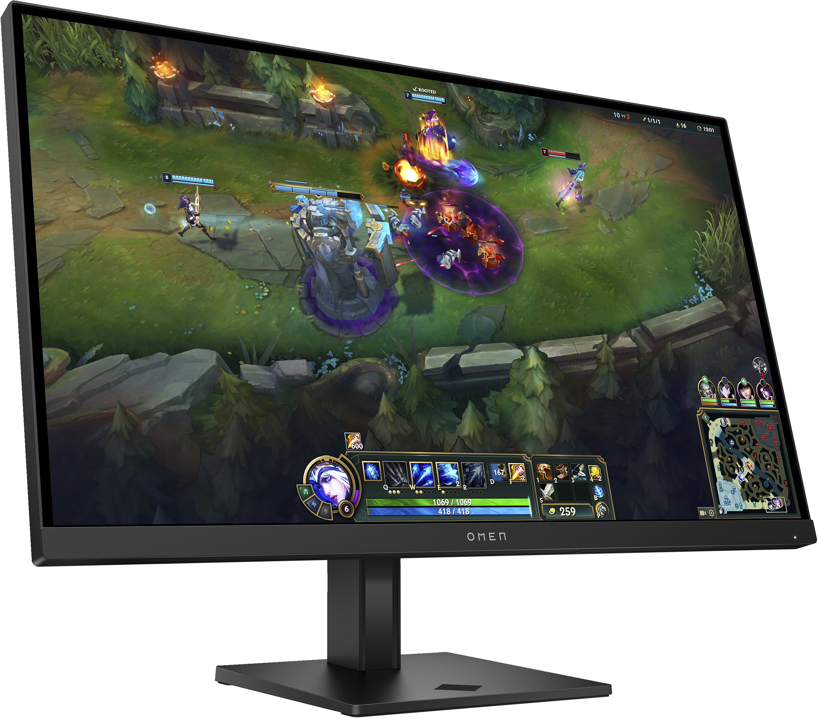 Un monitor OMEN che mostra un videogioco, vista angolata, con supporto nero.
