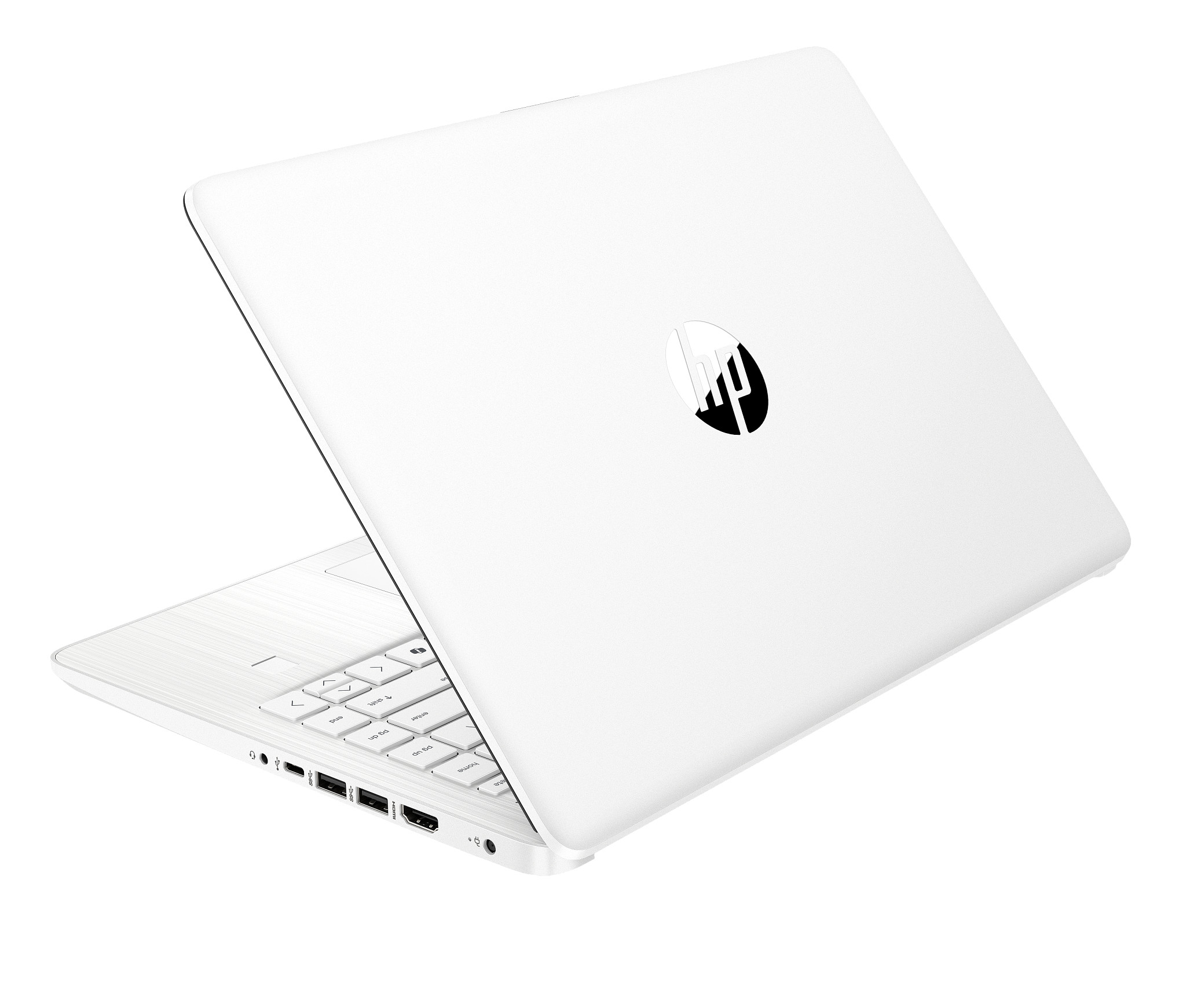Biały laptop, widok z tyłu, lekko pod kątem. Widoczne logo HP. Białe tło.