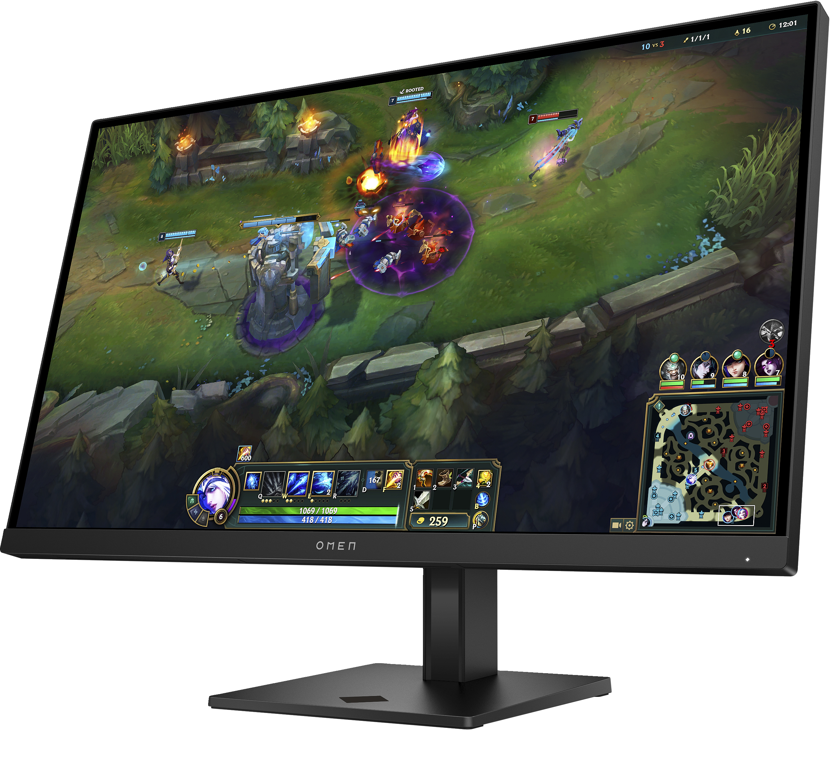 Monitor del computer nero angolato leggermente a sinistra, che mostra una scena di videogioco. Supporto e base neri.