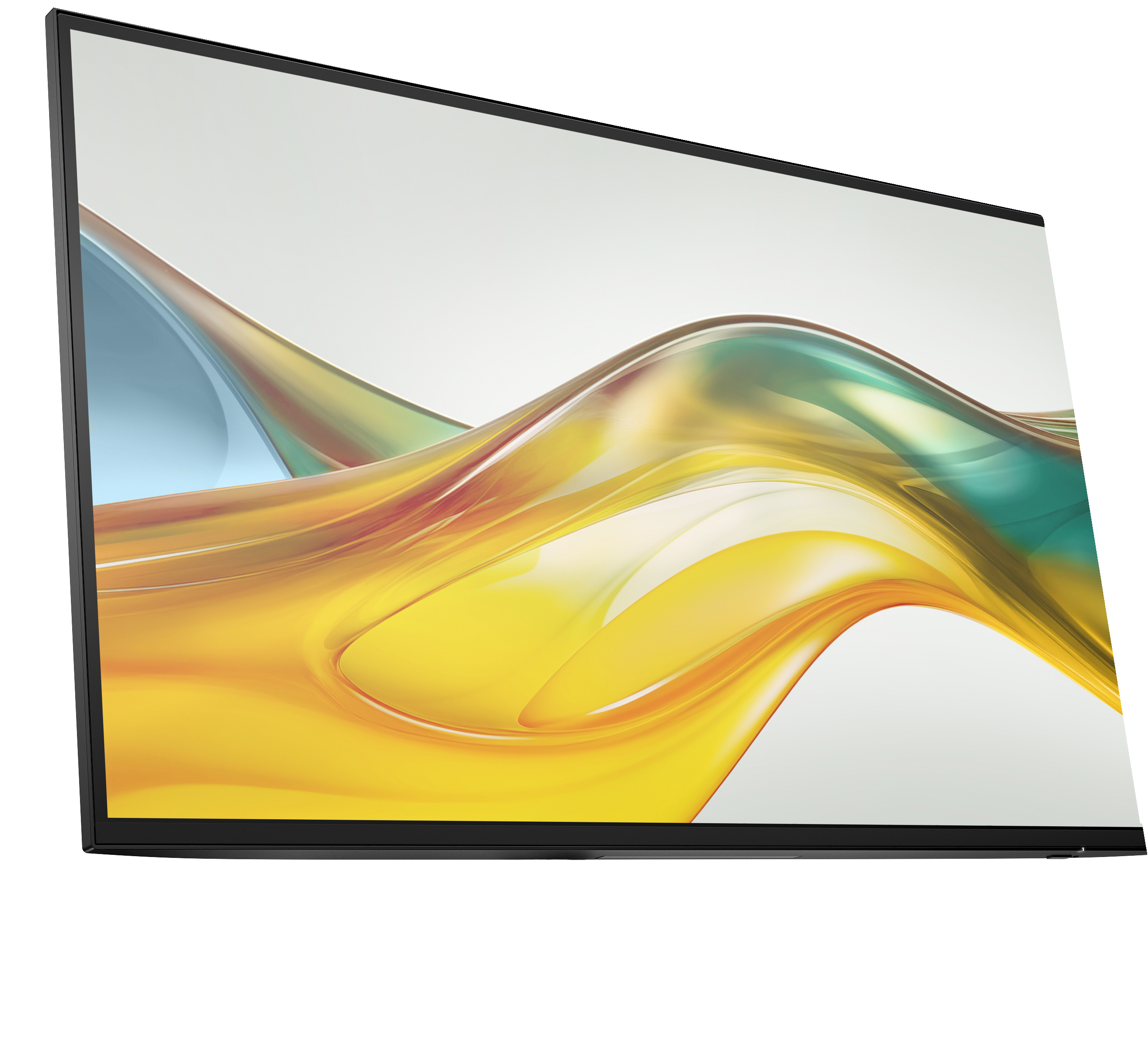 Een monitor schuin geplaatst met een kleurrijke abstracte afbeelding op het scherm.