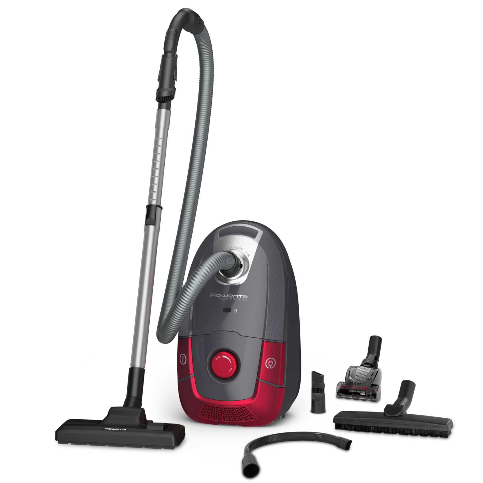 Aspirapolvere Rowenta e accessori, rosso e grigio.