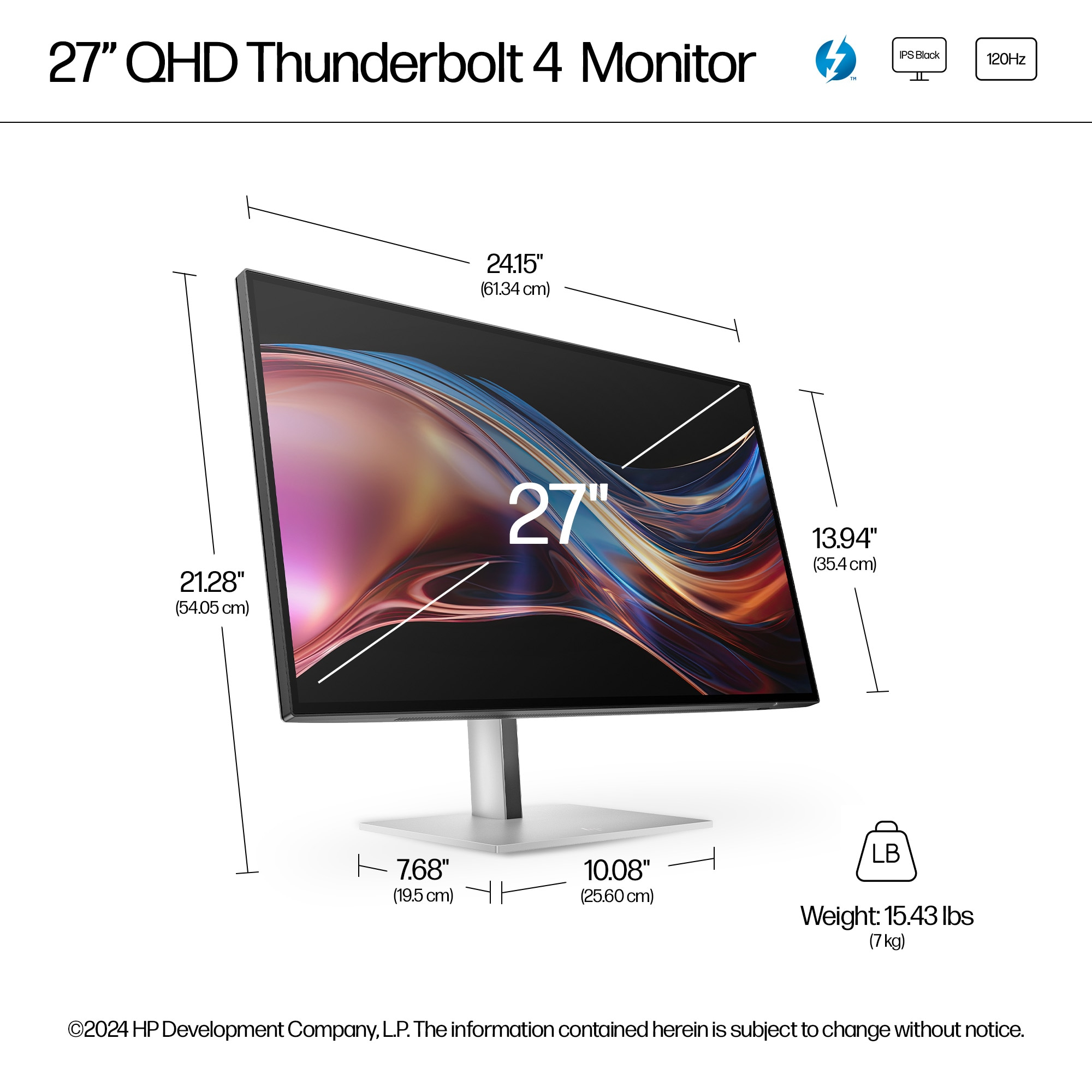 Un monitor con un gráfico abstracto y colorido. Hay texto e iconos. El monitor está sobre un soporte.