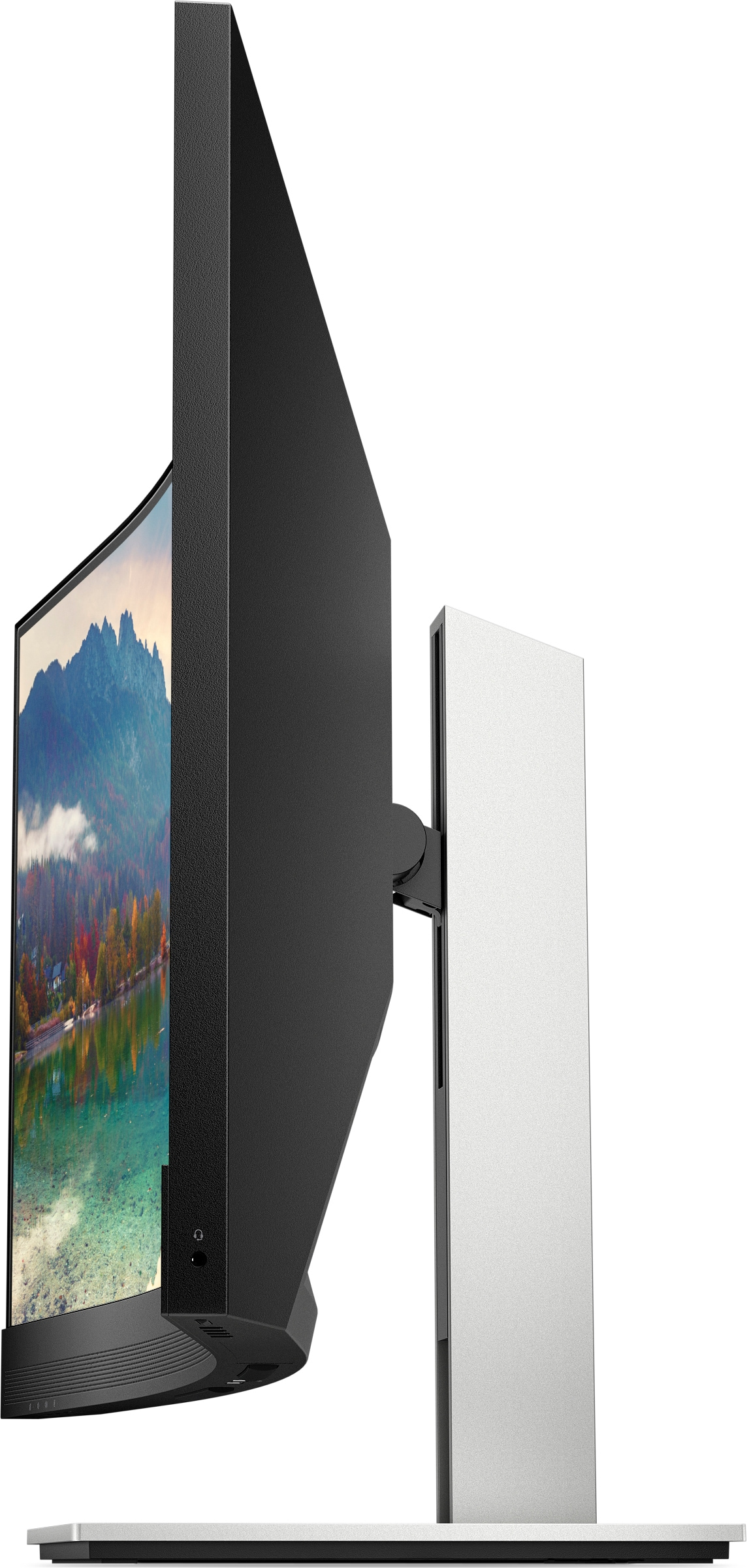 Widok z boku czarno-srebrnego monitora, ekran skierowany w lewo, z regulowanym stojakiem.