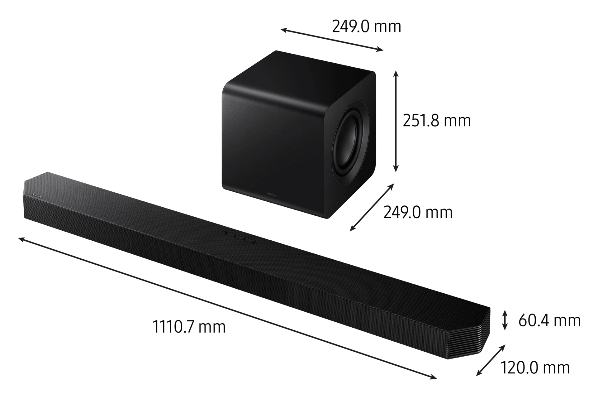 Eine schwarze Soundbar und ein Subwoofer mit Maßen in mm. Die Soundbar ist lang, der Subwoofer ein Würfel.