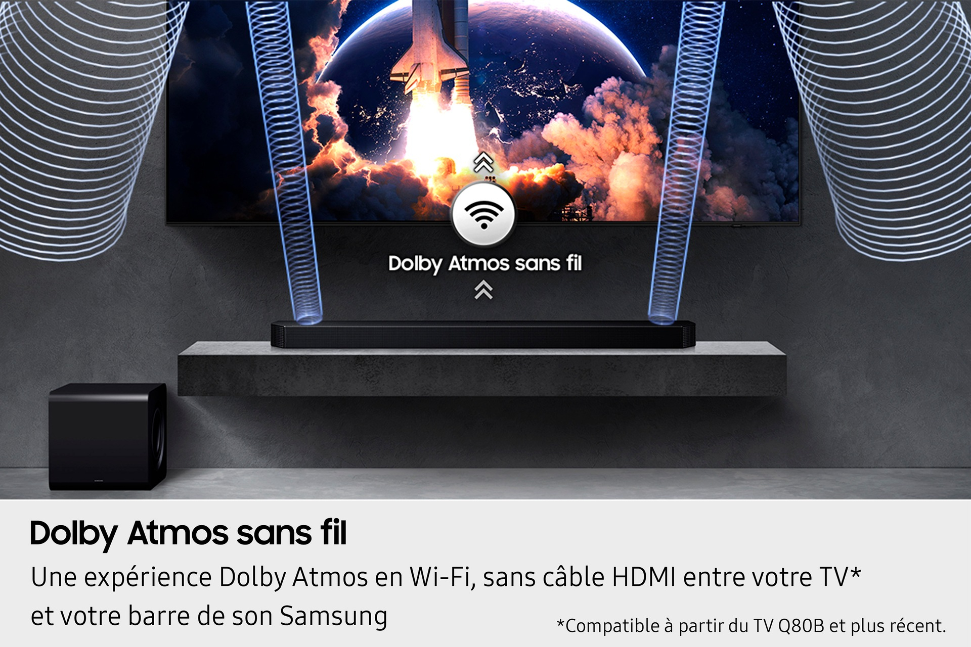 Soundbar, Subwoofer und TV-Setup mit Schallwellen-Grafiken.