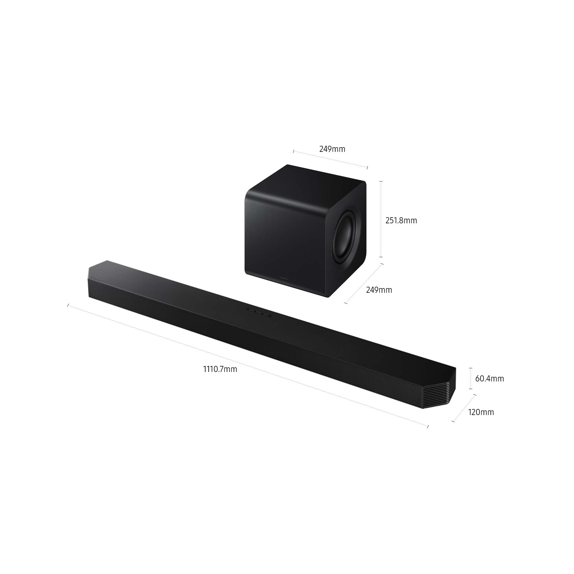 Czarny soundbar, subwoofer i schemat wymiarów na białym tle.