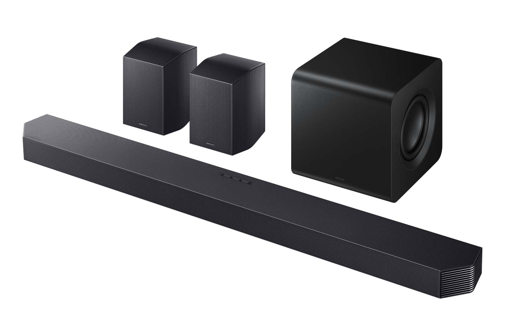Un sistema audio che include una soundbar, due altoparlanti satellitari e un subwoofer, tutto nero.