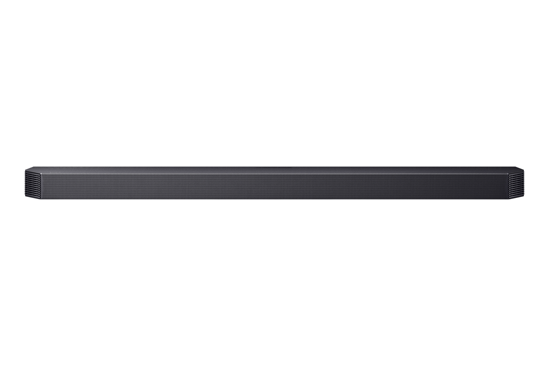 Soundbar nera su sfondo bianco, vista frontale.