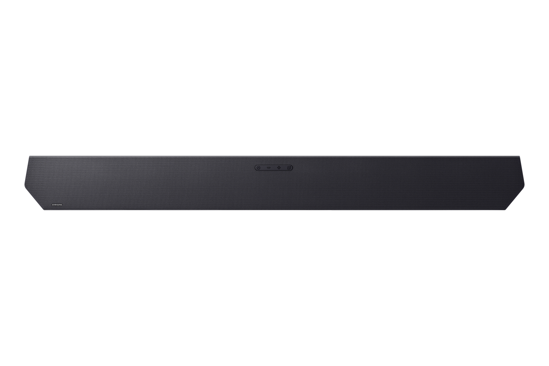 Soundbar nera su sfondo bianco.
