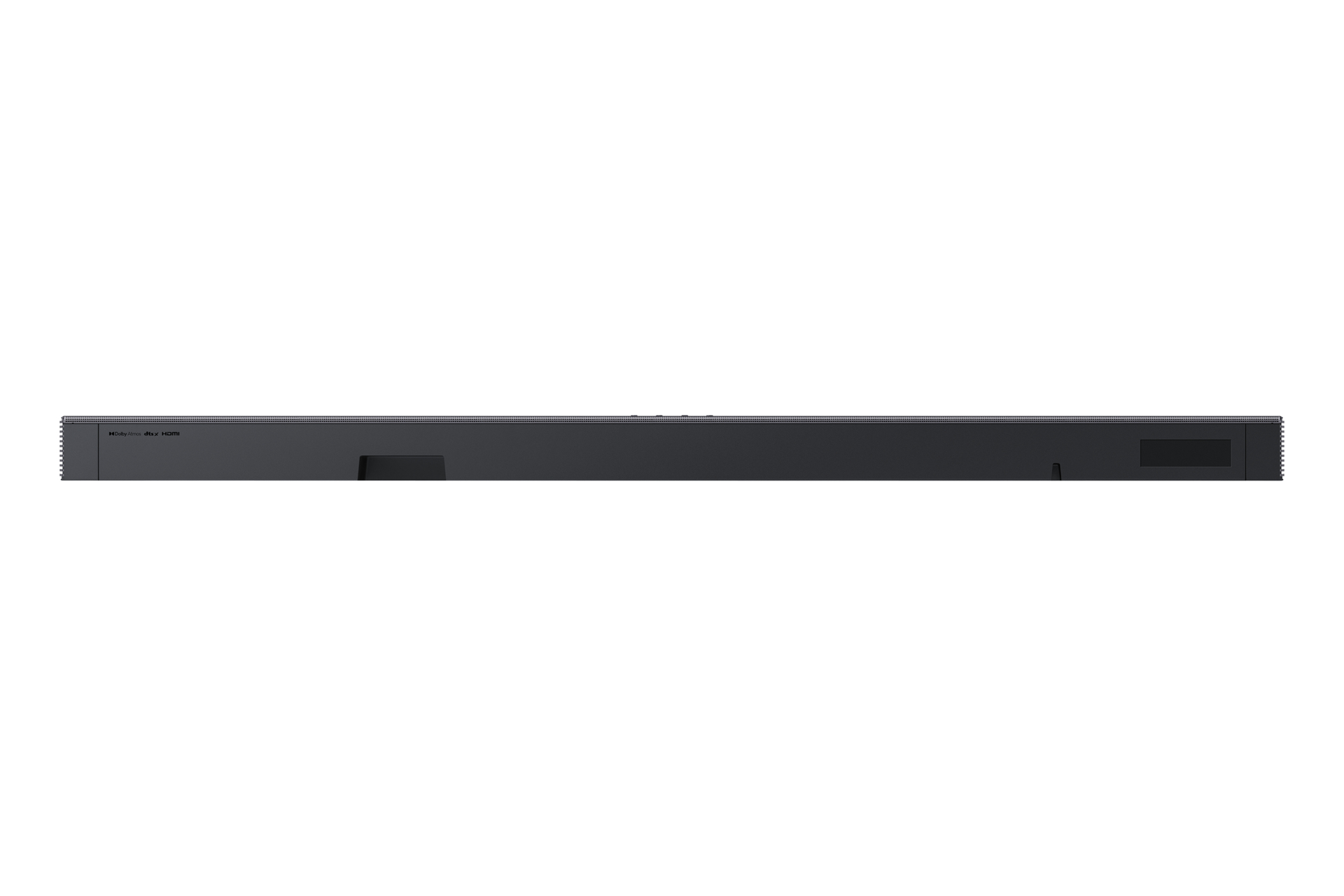 Una soundbar nera dal design elegante, su sfondo bianco, rivolta verso l'alto.