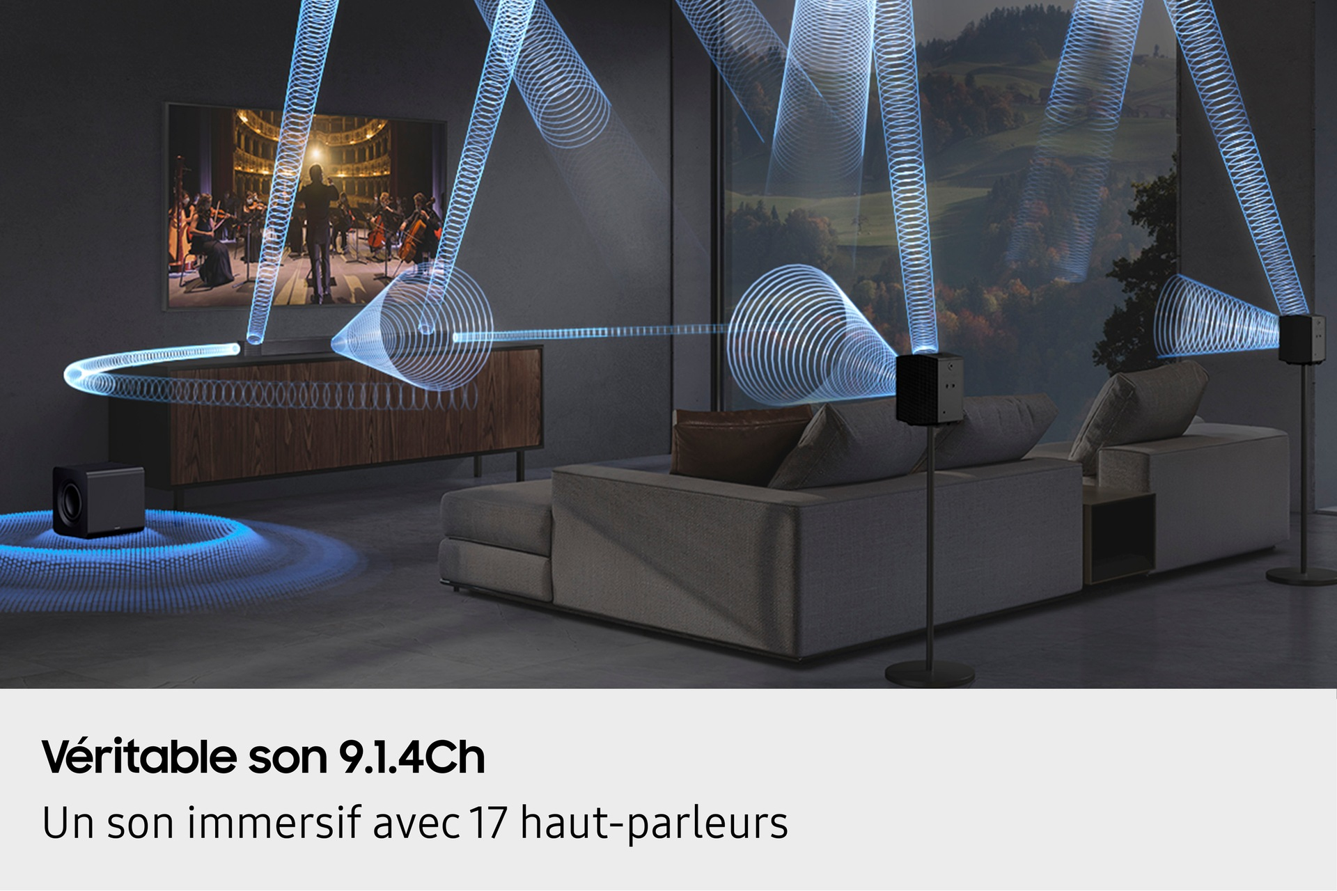 Zbliżenie czarnego soundbara, pokazujące szczegóły projektu i wykończenia.