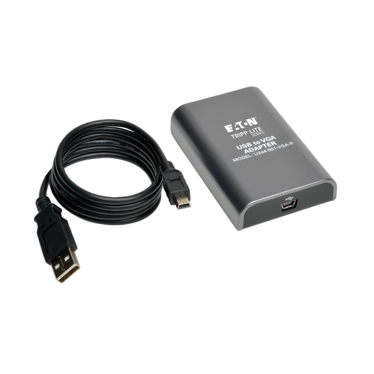 Adaptador USB a VGA plateado con cable USB. El adaptador tiene un puerto para USB y VGA.
