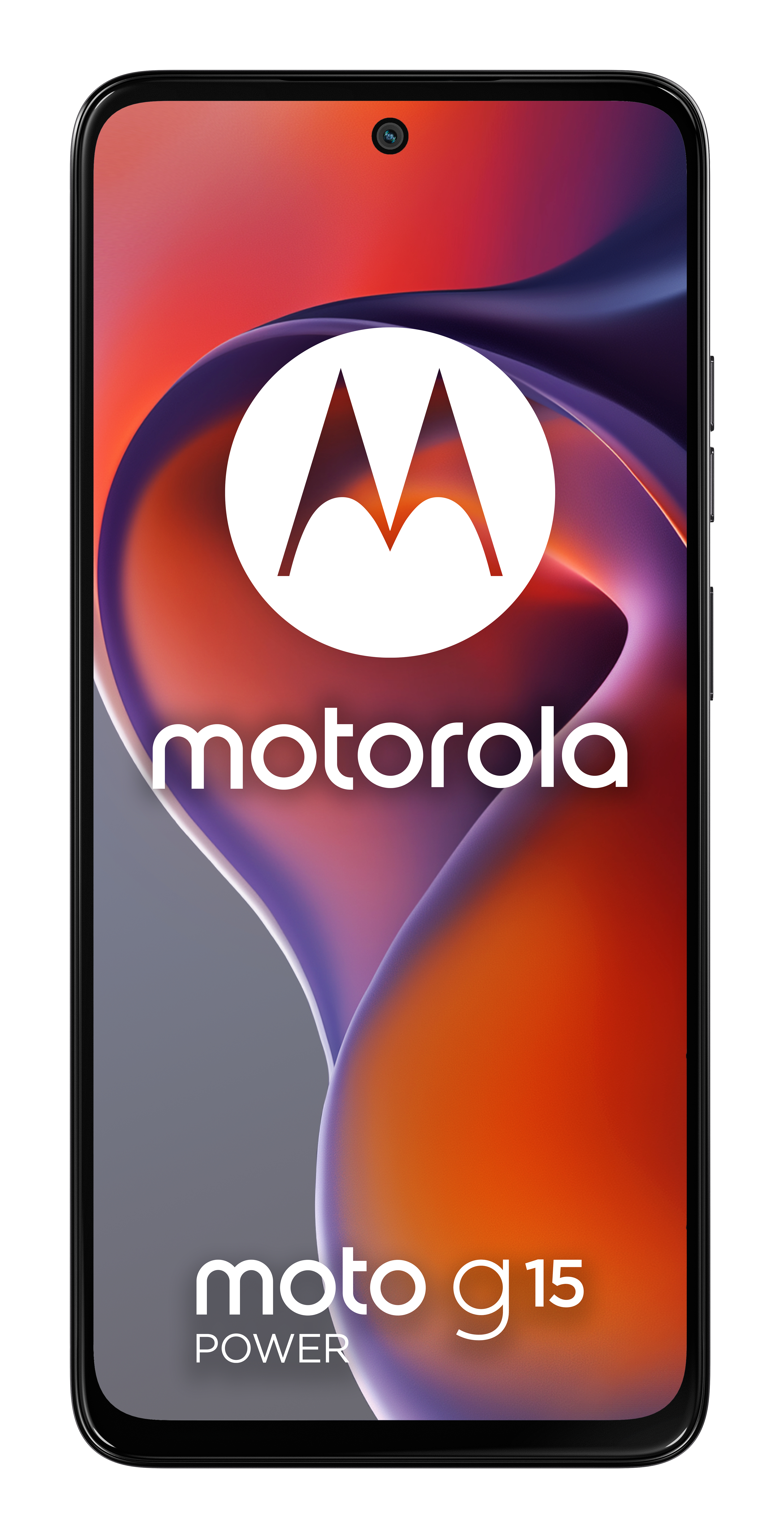 Telefon Motorola Moto G15 Power pokazujący ekran. Widoczne logo Motorola i tekst Moto G15 Power.