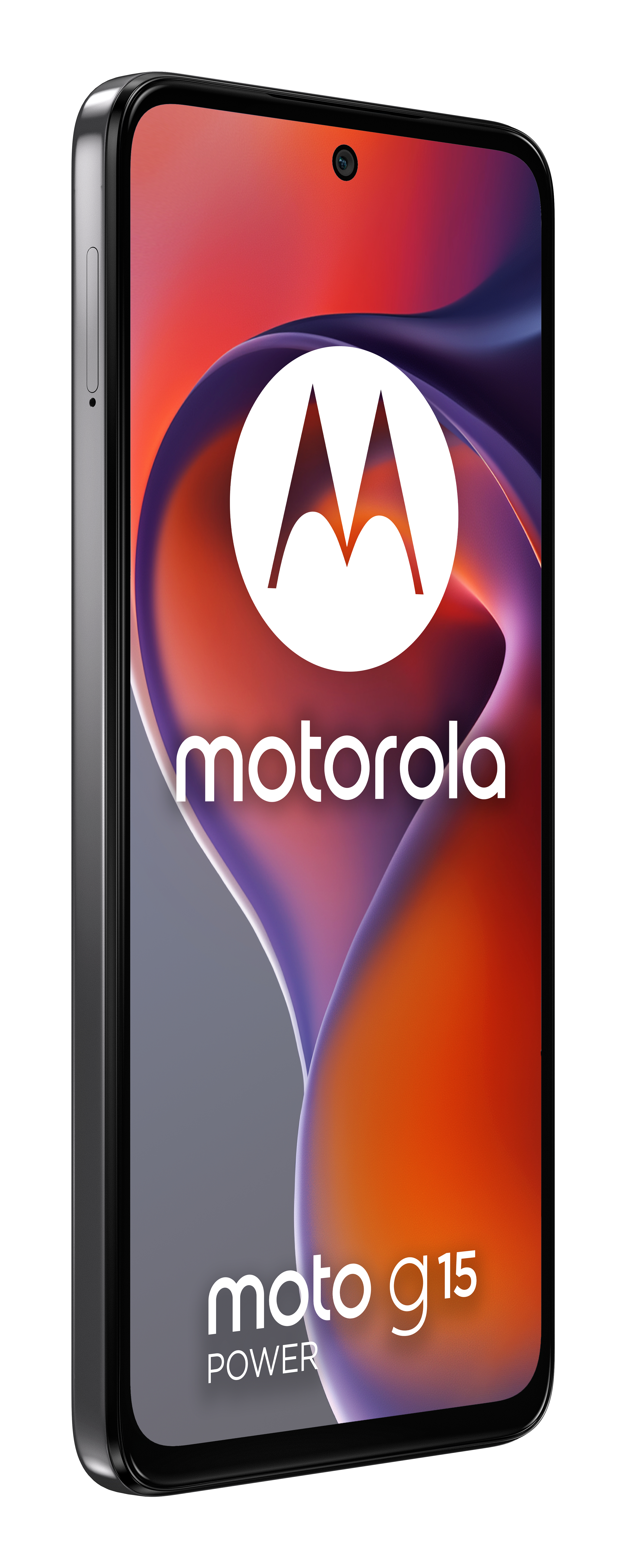 Motorola Moto G15 Power smartphone, zwart frame, oranje scherm, wit logo.