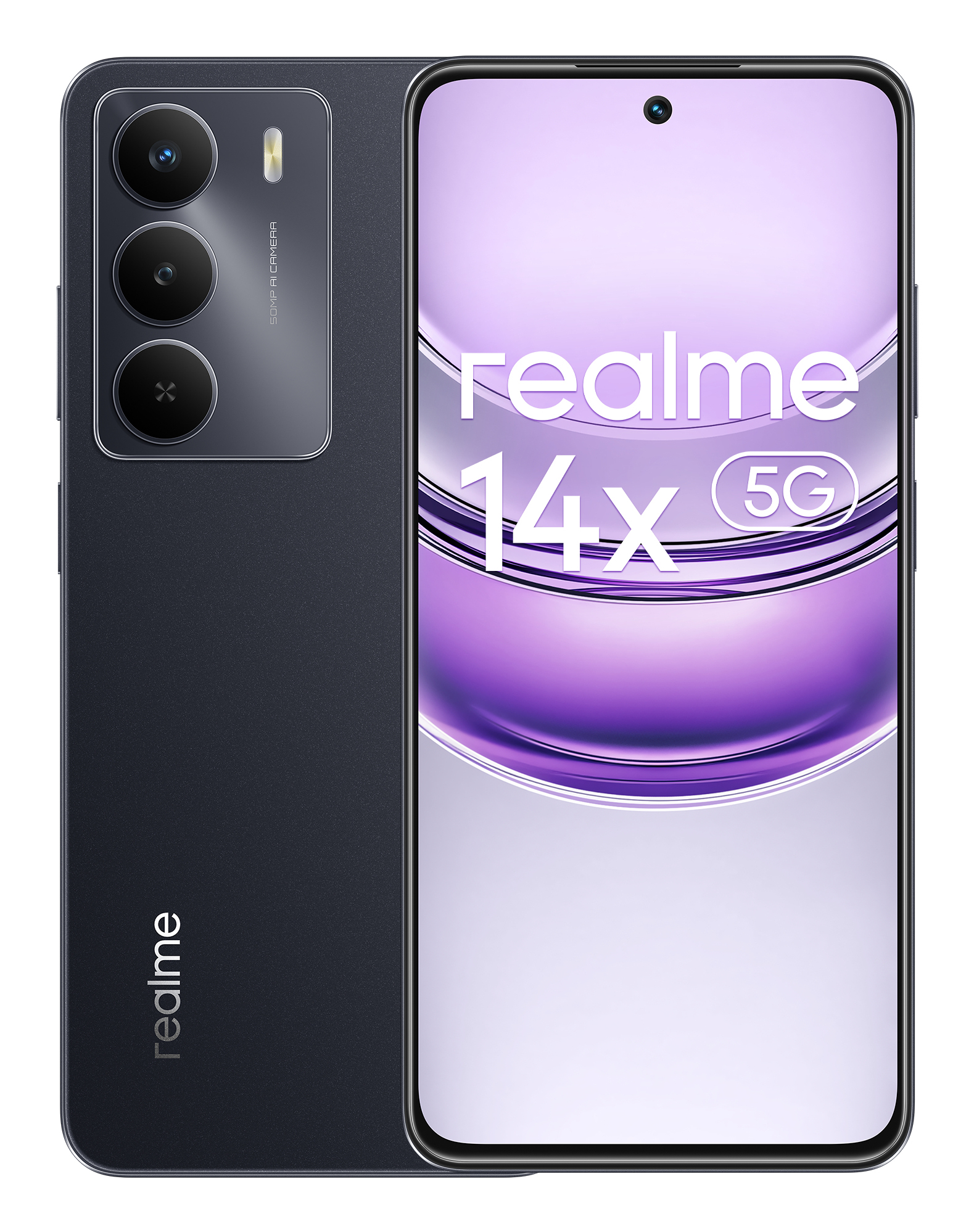Ciemnoszary smartfon z potrójnym aparatem i tekstem Realme 14x 5G.