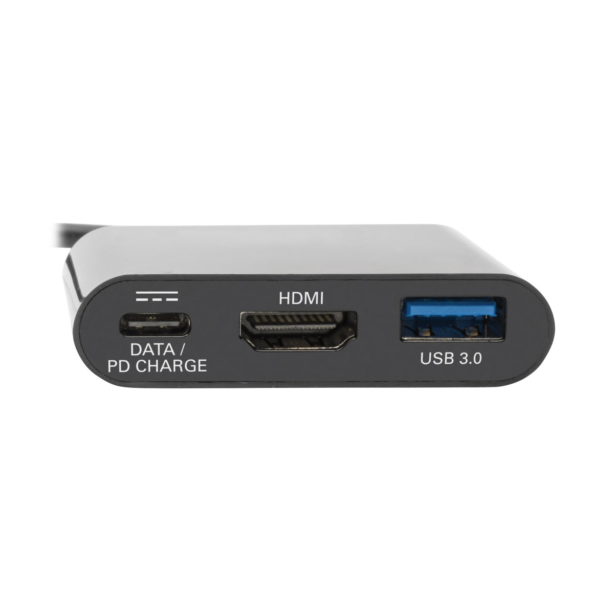 Adaptador negro con puertos HDMI, USB 3.0 y datos/carga PD.