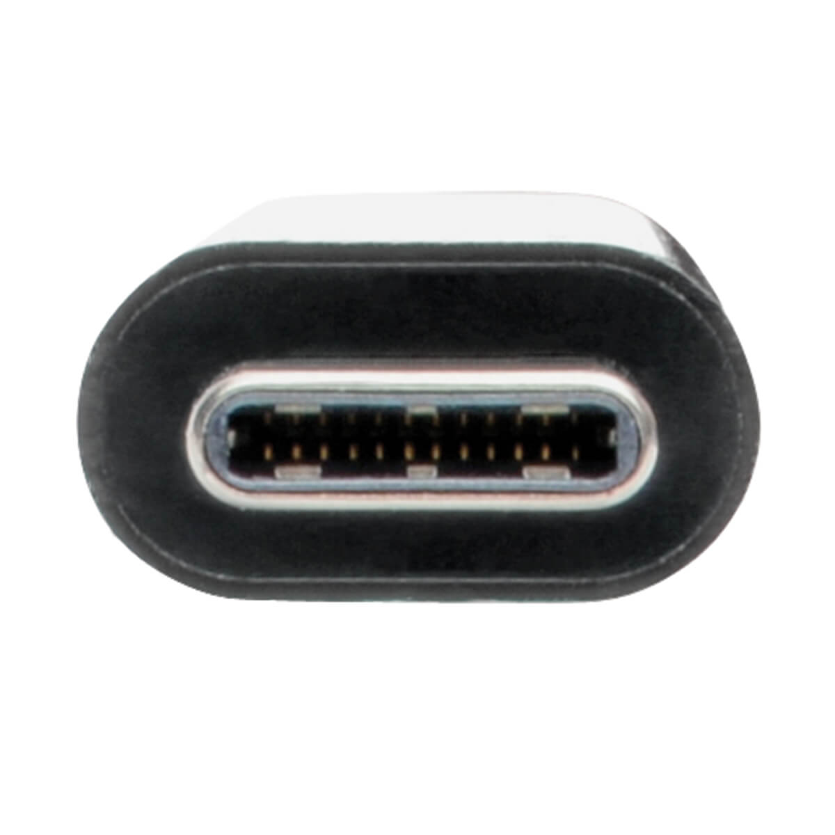 Primer plano de un conector USB-C, plástico negro con conector metálico plateado.