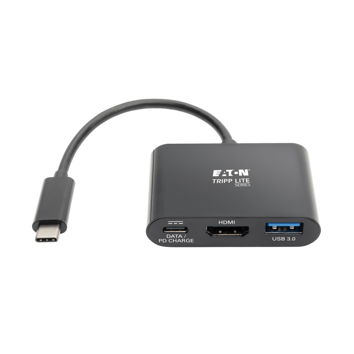 Adaptador negro con cable USB-C, HDMI, USB 3.0 y puertos de carga de datos/PD.