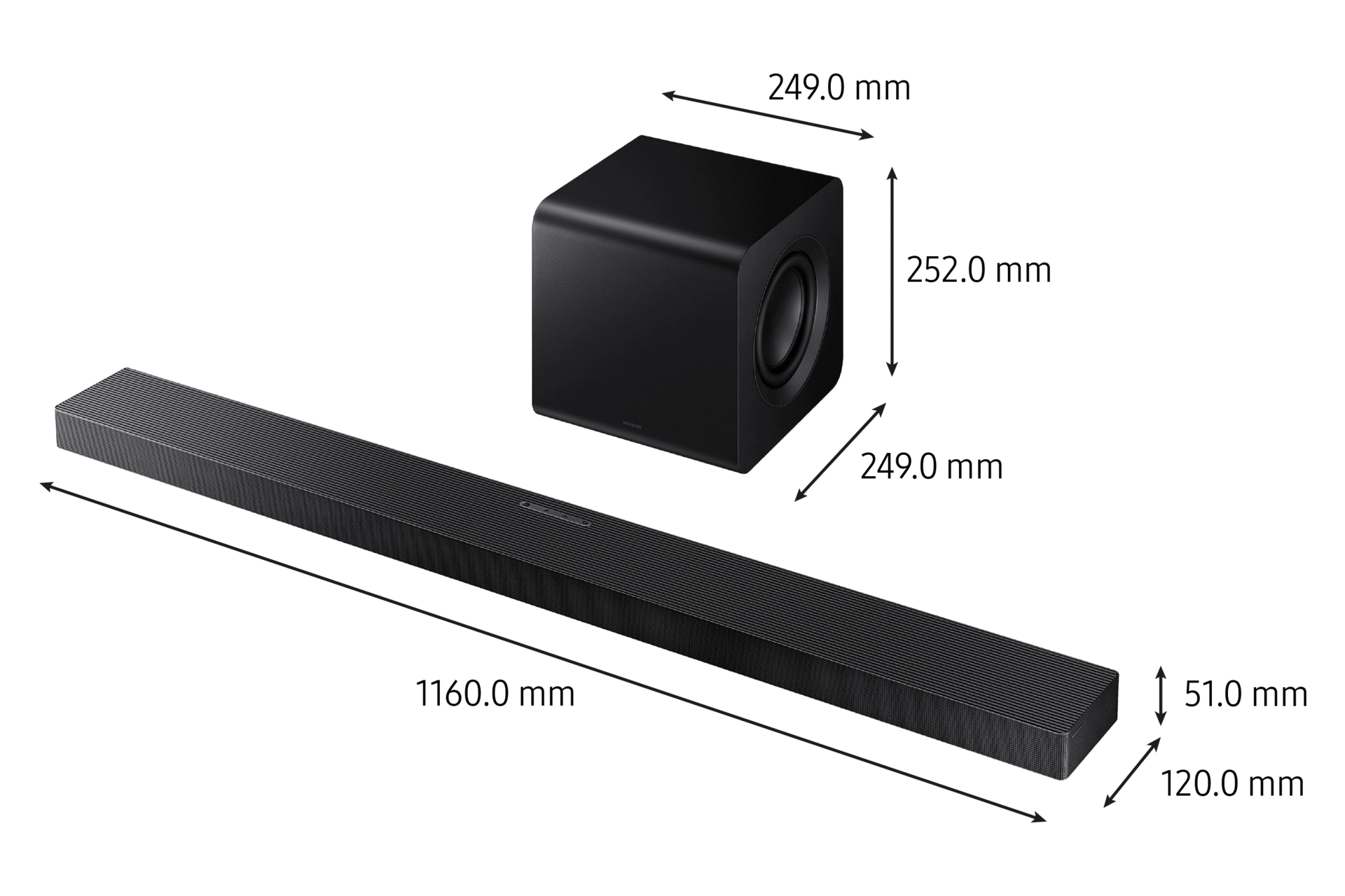 Wymiary soundbaru i subwoofera. Soundbar: 1160mm długości. Sub: 249mm.