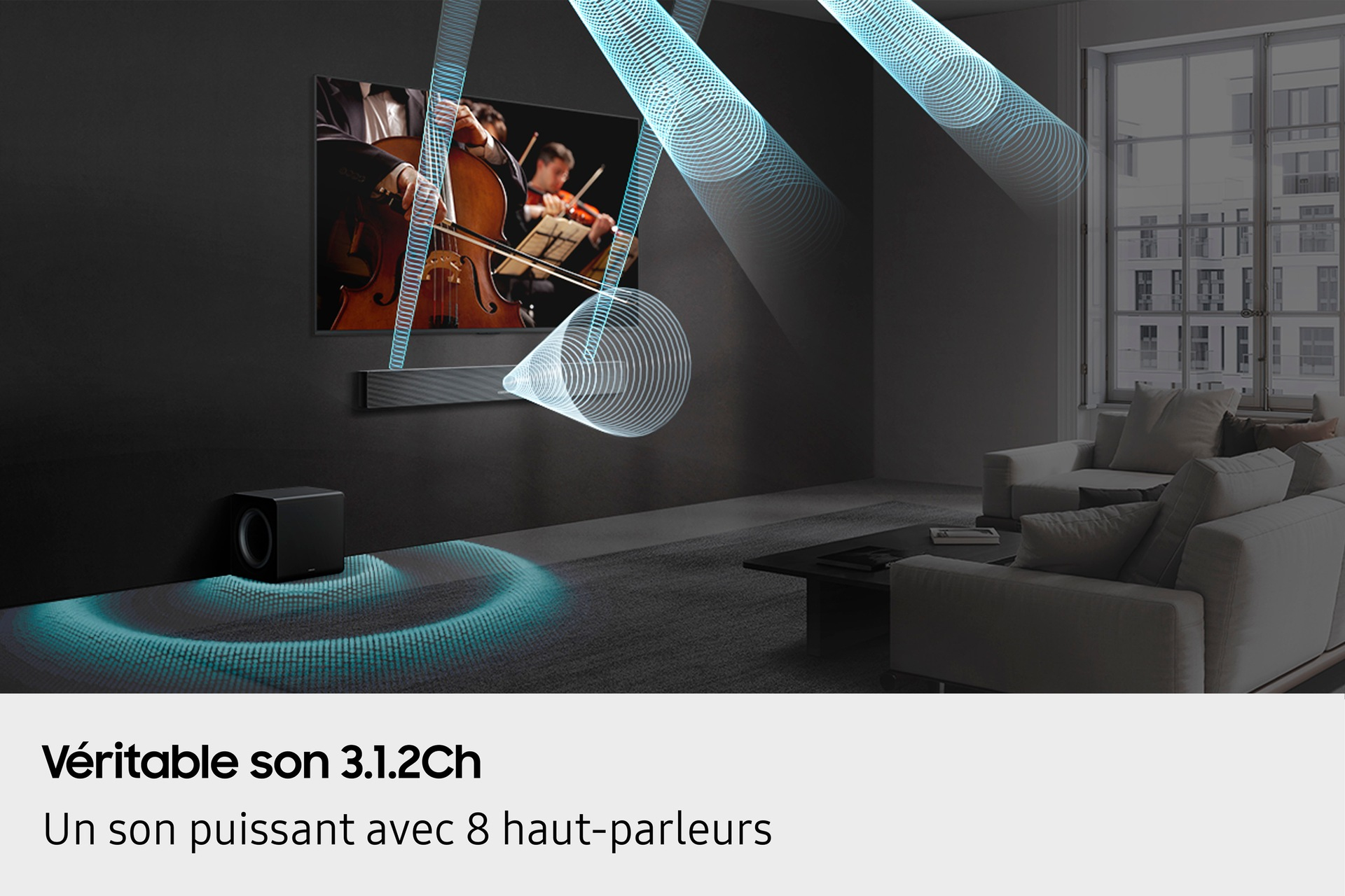 Salon z telewizorem, soundbarem i subwooferem. Zilustrowano fale dźwiękowe.