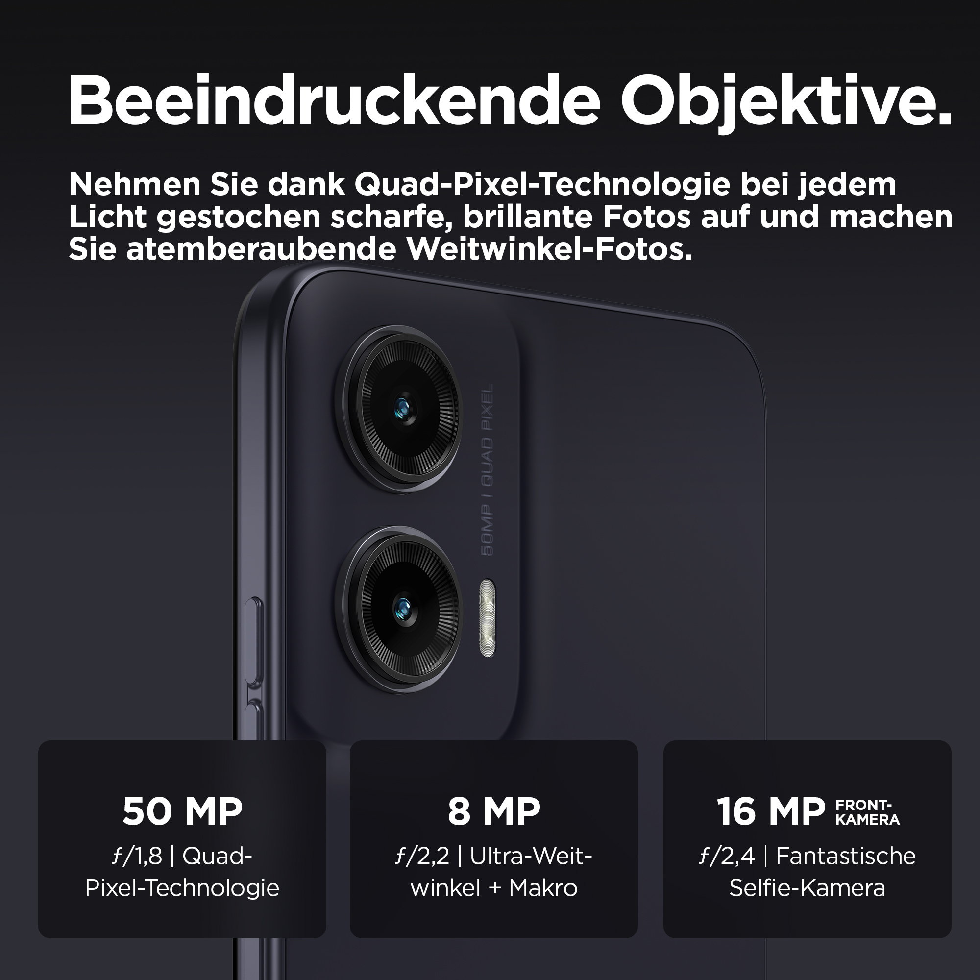 Zbliżenie na zestaw aparatów telefonu. Tekst zawiera '50 MP', '8 MP' i '16 MP Aparat przedni'.