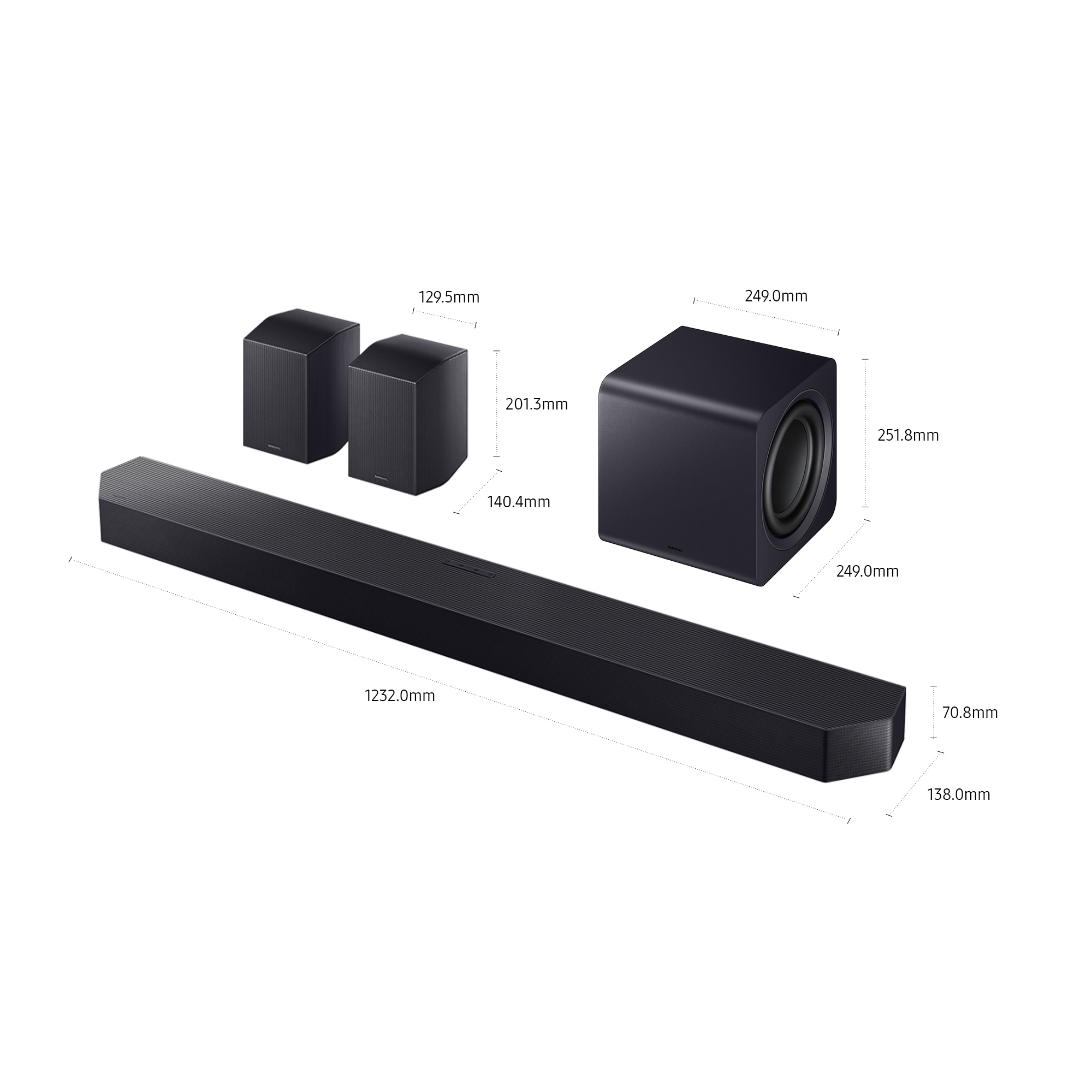 Czarny soundbar, subwoofer i dwa głośniki. Wymiary oznaczone. Na białym tle.