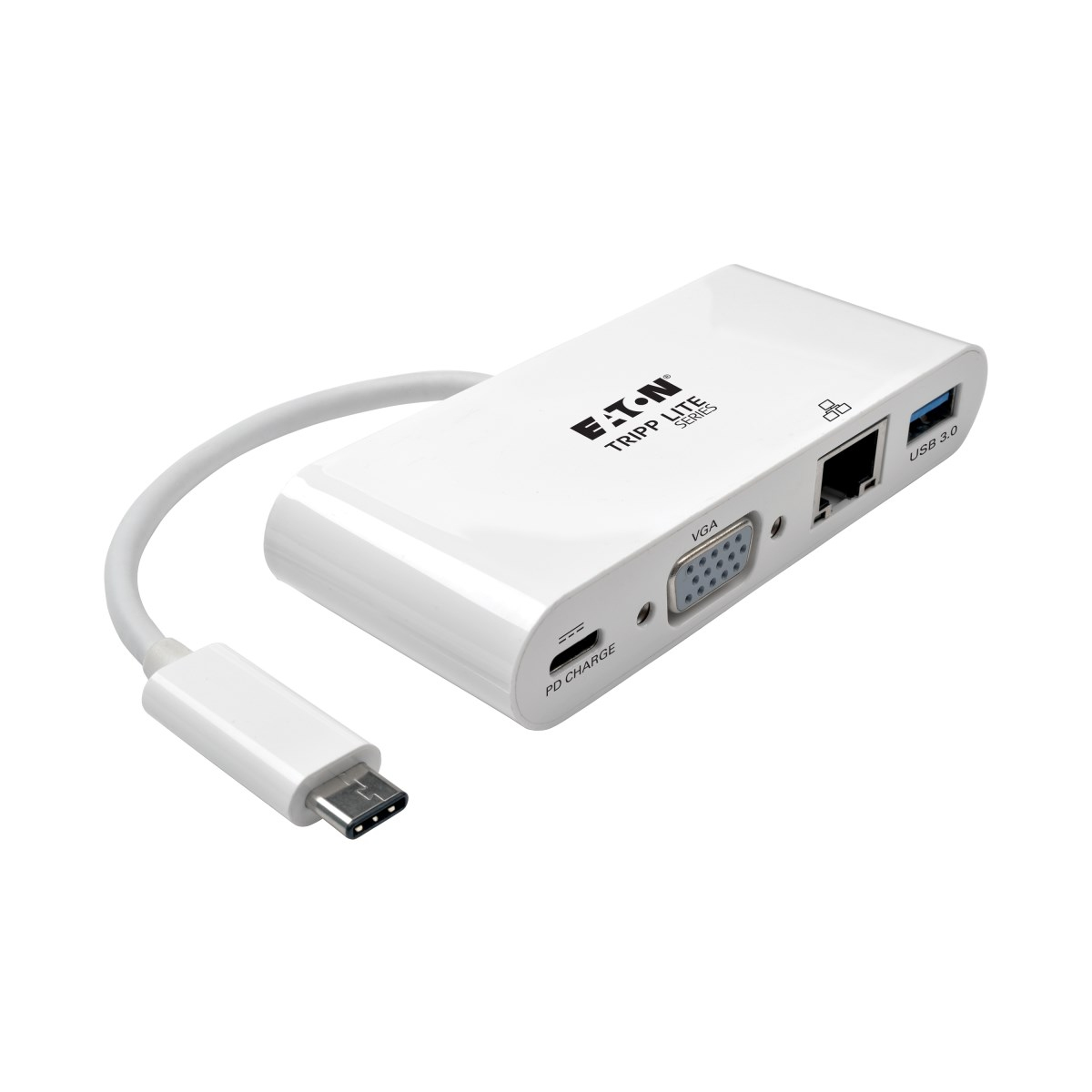 Adattatore Eaton Tripp Lite bianco con più porte, tra cui VGA, USB 3.0 ed Ethernet.