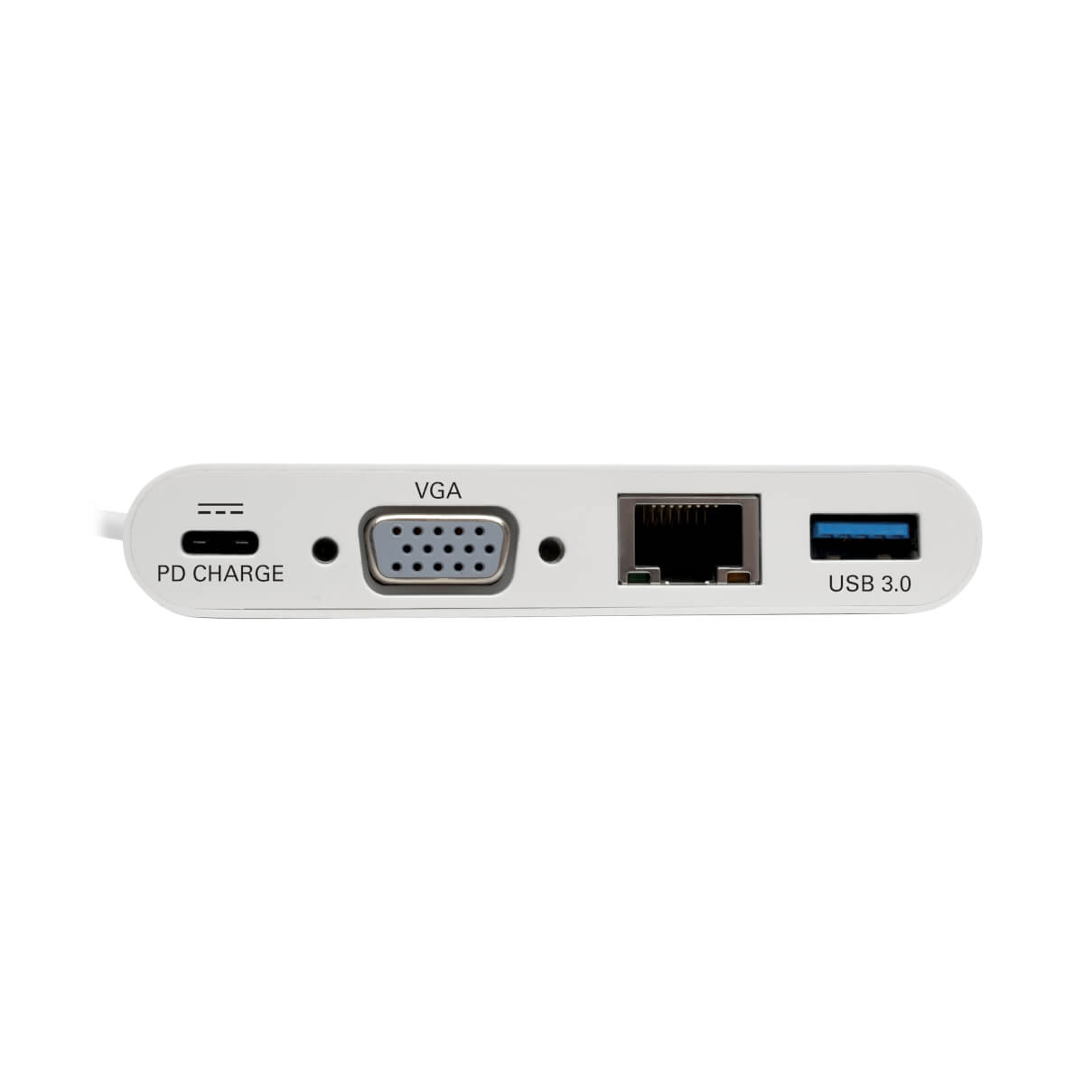 Primo piano di un adattatore bianco. Le porte etichettate includono VGA, PD CHARGE, Ethernet e USB 3.0.
