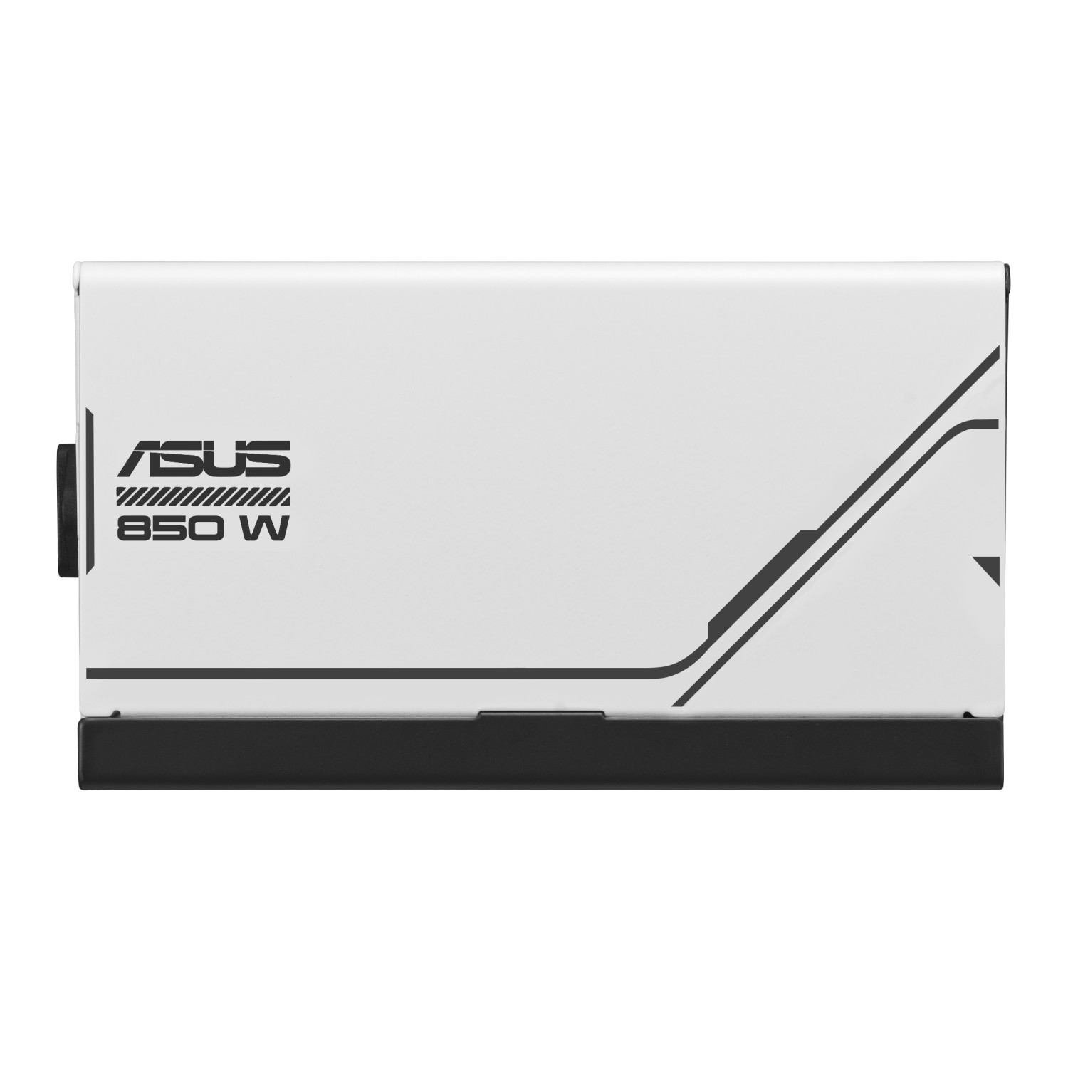 Witte ASUS voeding met zwarte accenten. Tekst en logo zijn zichtbaar.