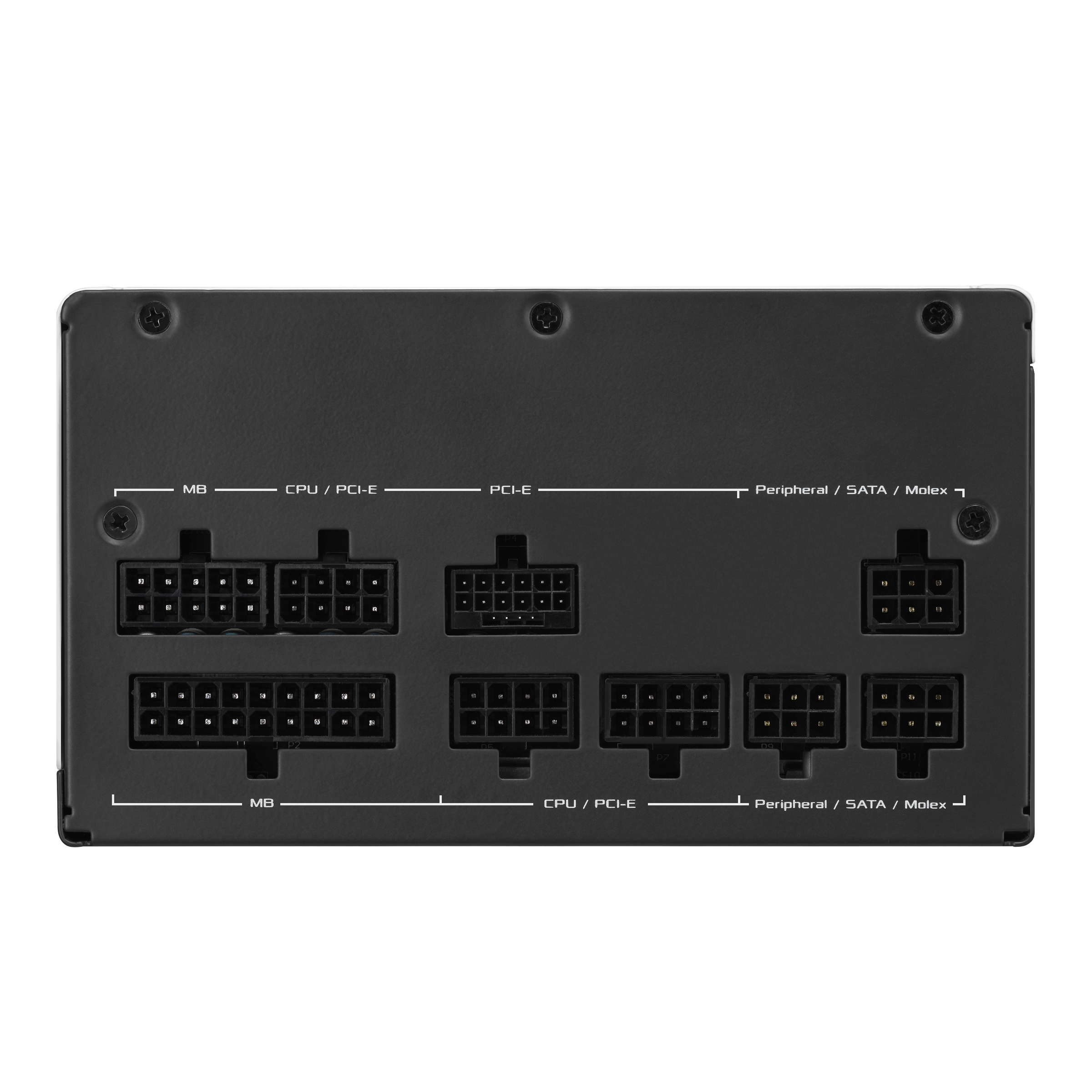 Czarny zasilacz komputerowy z wieloma portami. Widoczne etykiety.