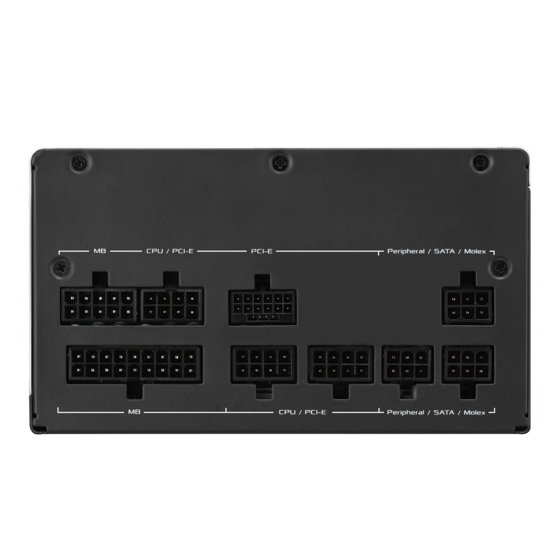 Czarny zasilacz komputerowy z wieloma portami. Widoczne etykiety.