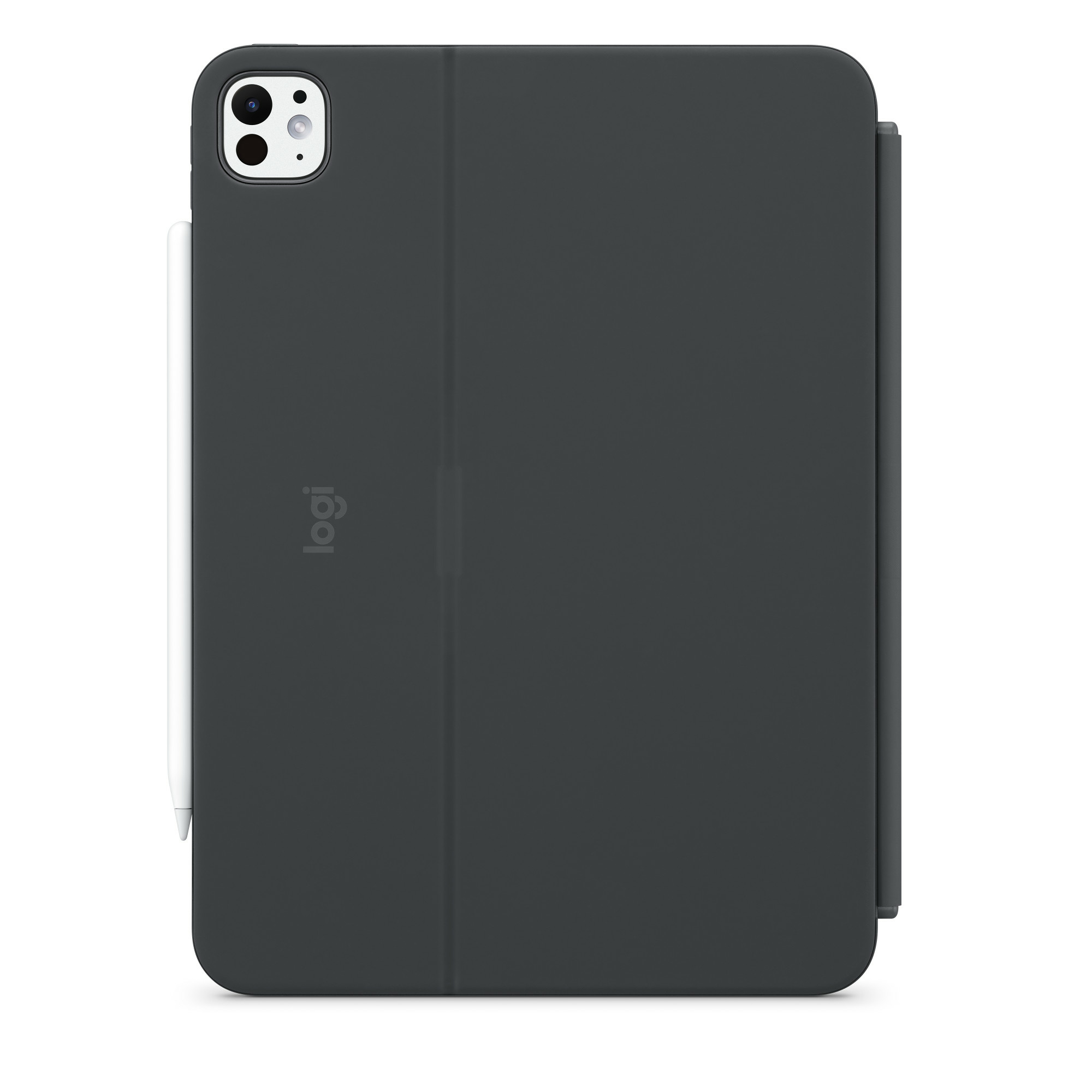 Ciemnoszare etui na iPada z białym ołówkiem. Etui ma logo 'logi'.
