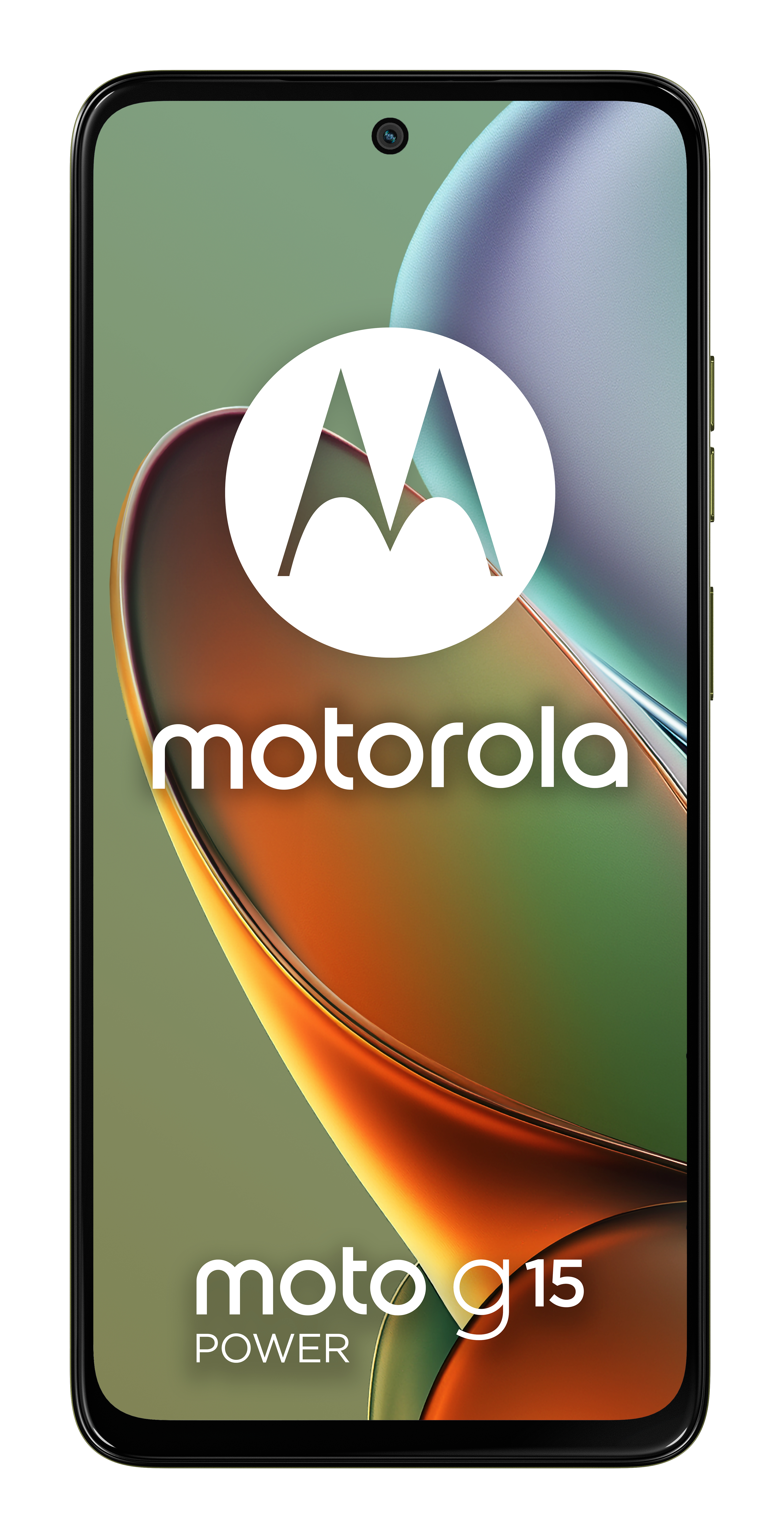 Un teléfono Motorola Moto G15 Power con un gran logo blanco.