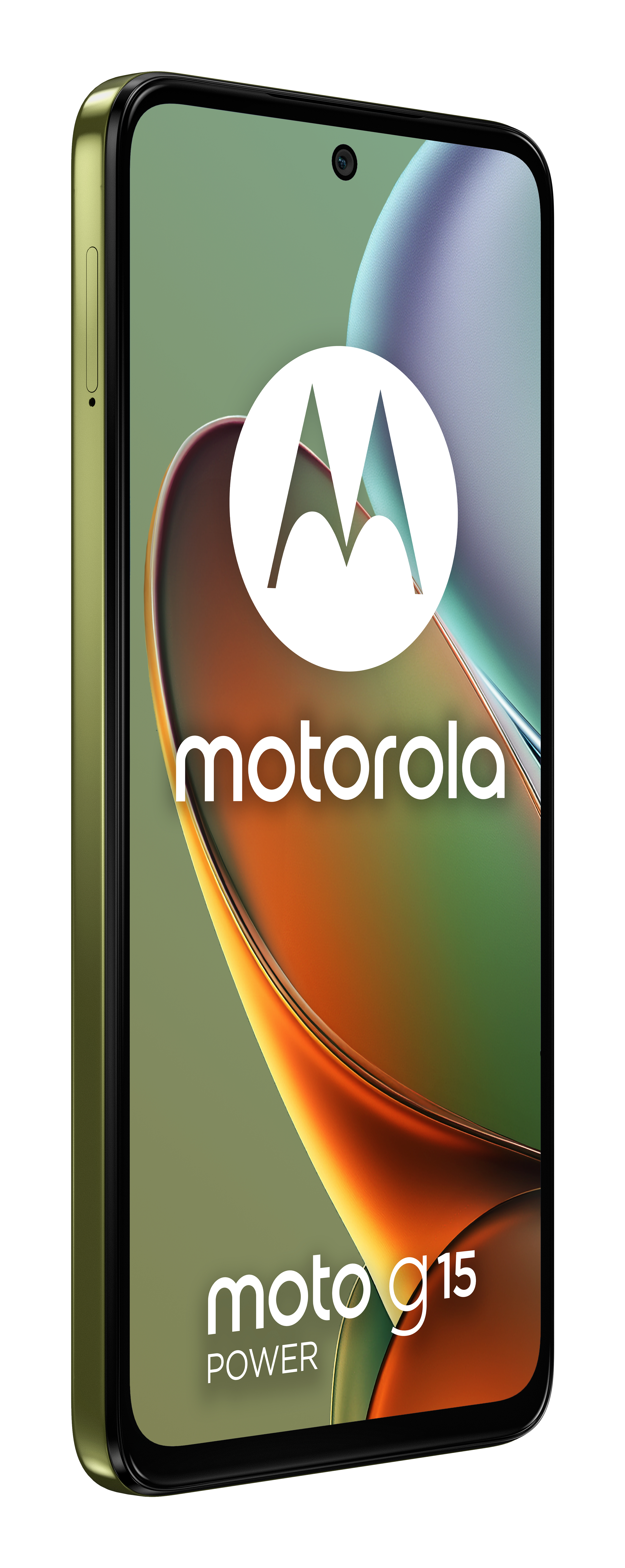 Un teléfono Motorola Moto G15 Power con un gran logo blanco.