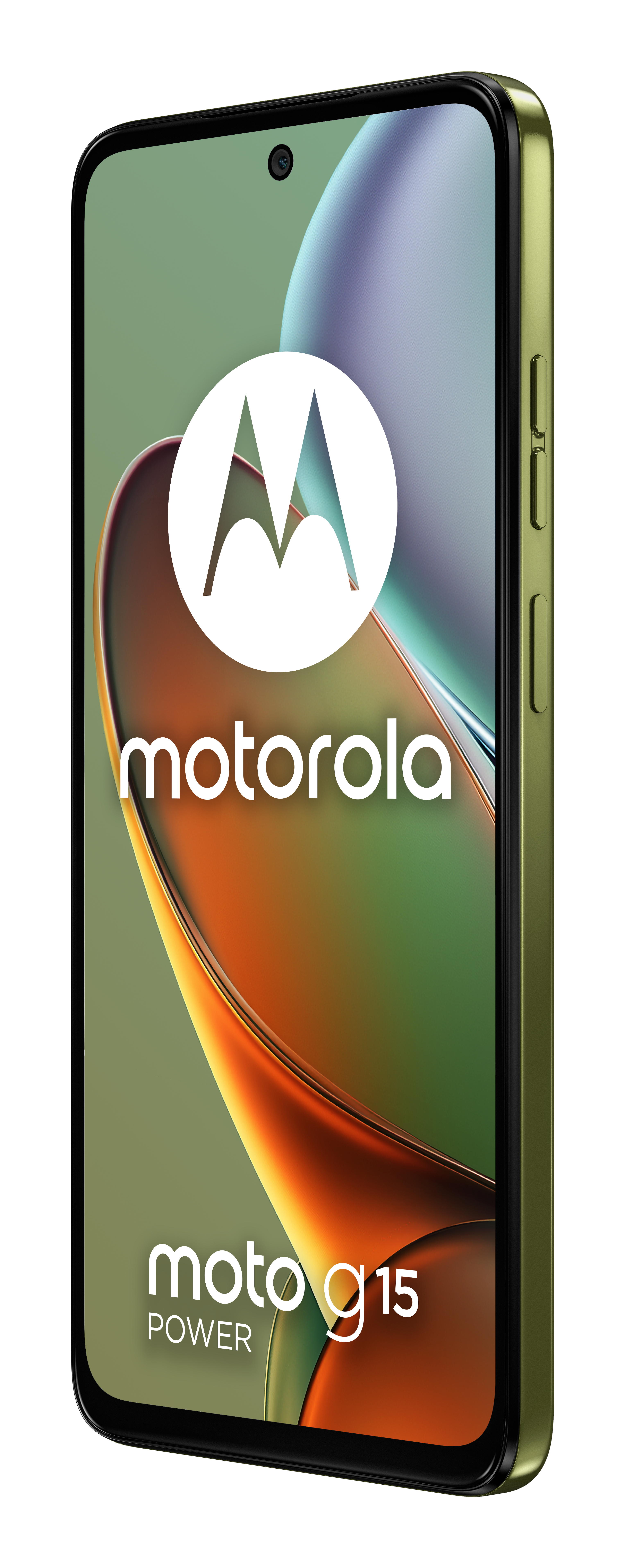 Un teléfono Motorola Moto G15 Power con un gran logo blanco.