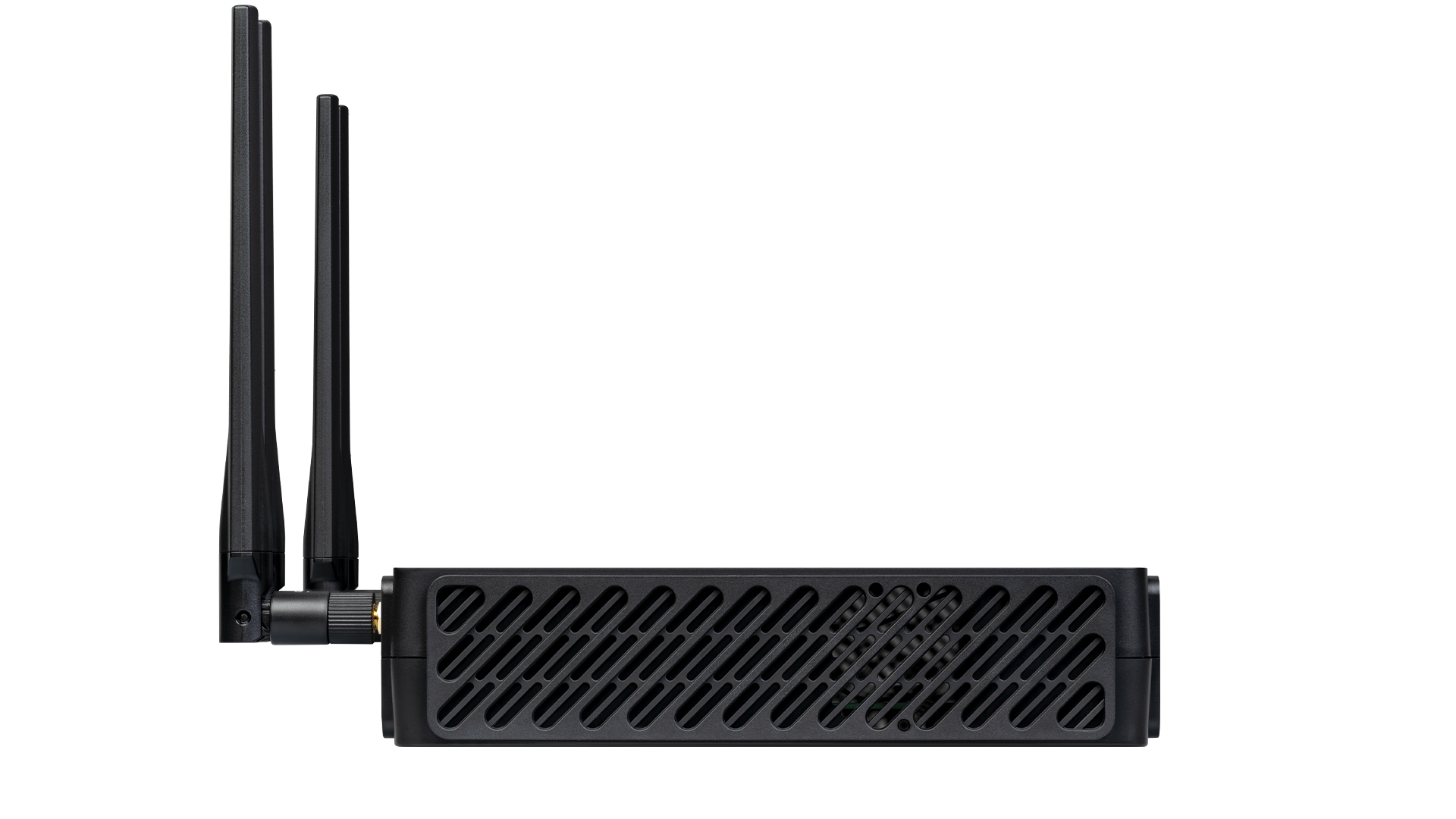 Czarne urządzenie sieciowe z antenami. Ma otwory wentylacyjne i złącze antenowe.