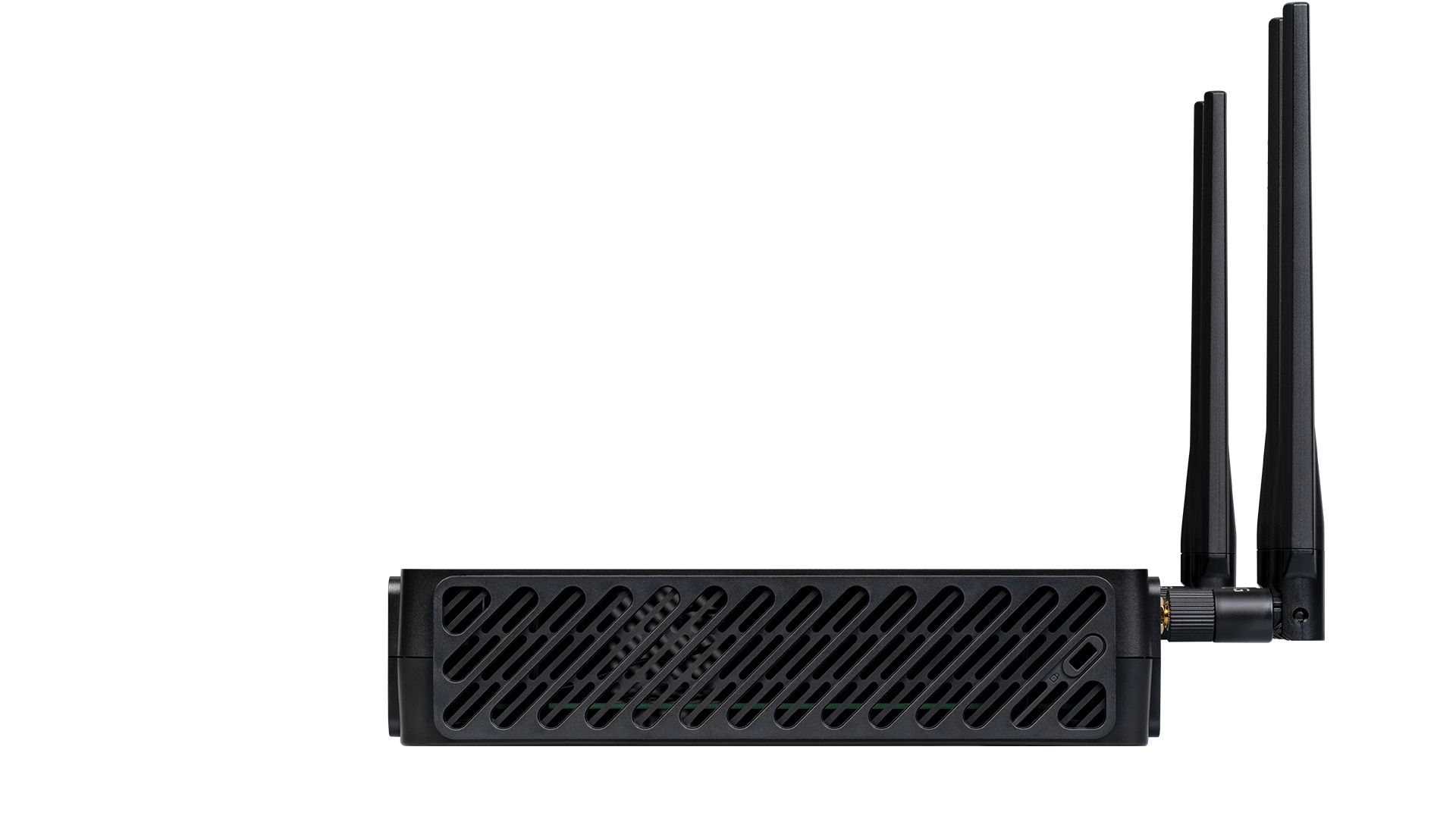 Czarne urządzenie sieciowe z antenami. Ma otwory wentylacyjne i złącze antenowe.
