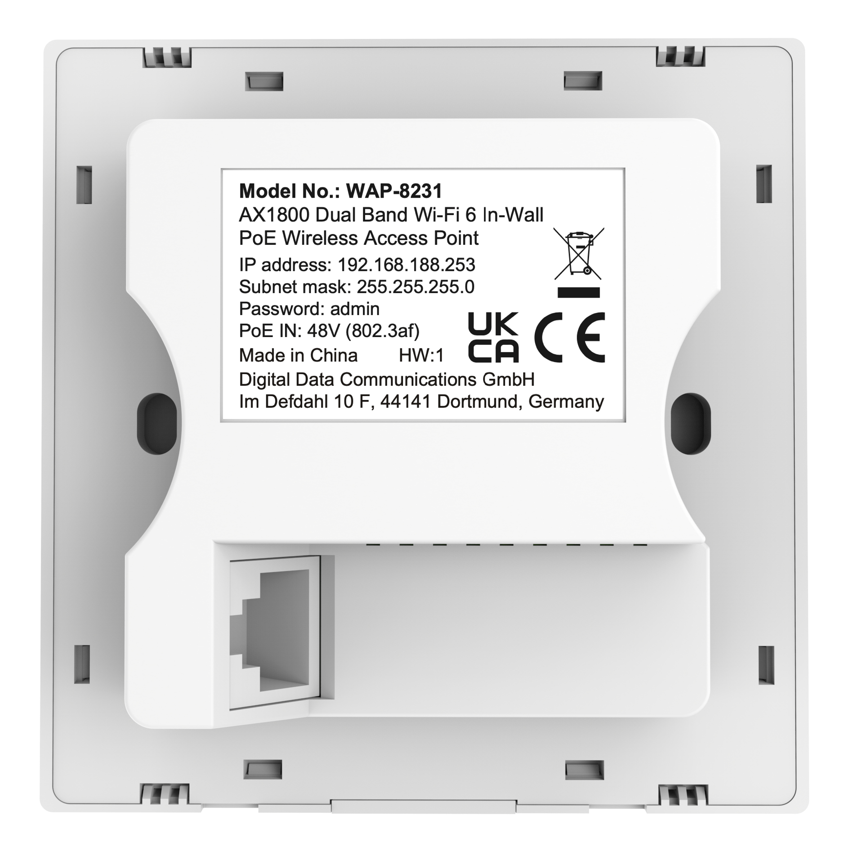 Biały punkt dostępowy montowany na ścianie z etykietą. Ma port Ethernet i znak UK CA CE.