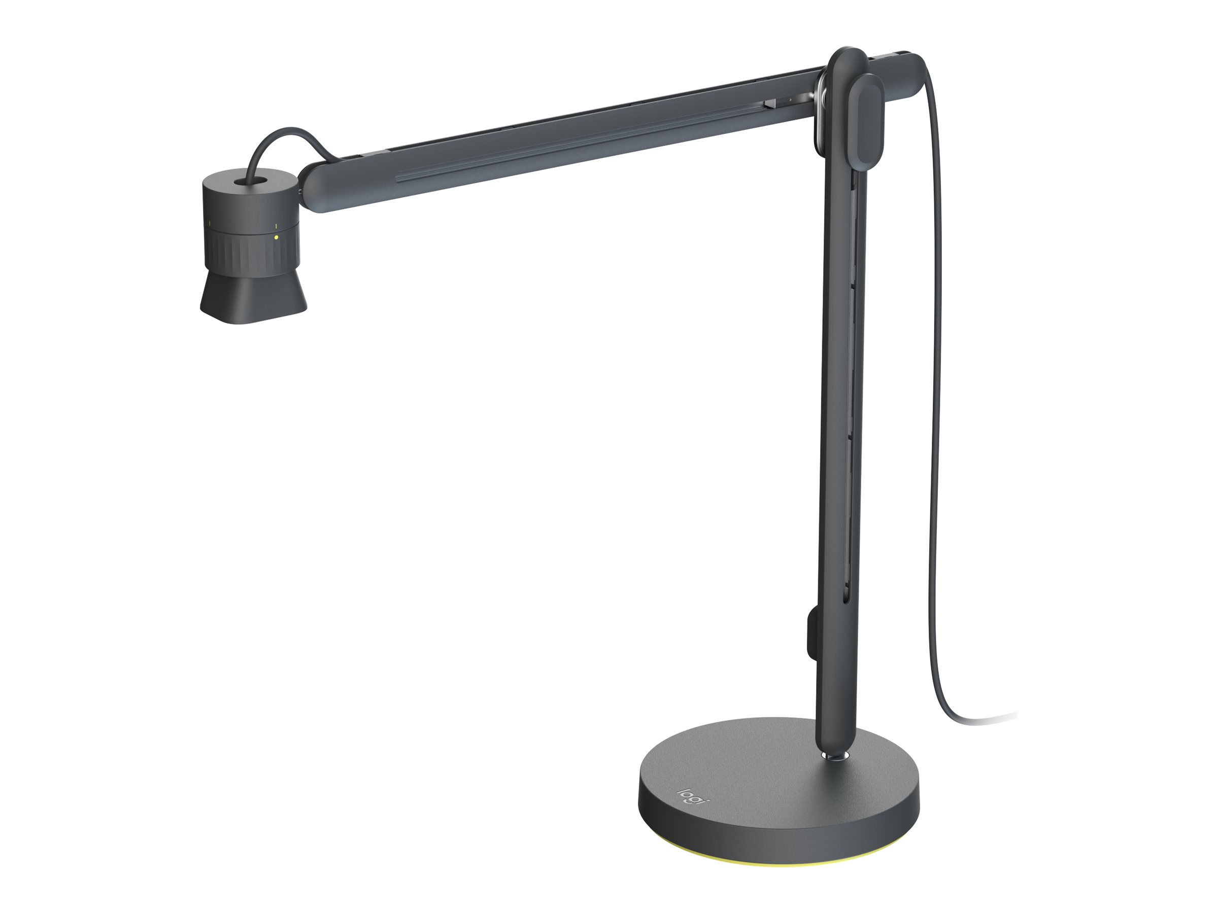 Ciemnoszary statyw do kamery z okrągłą podstawą i regulowanym ramieniem.