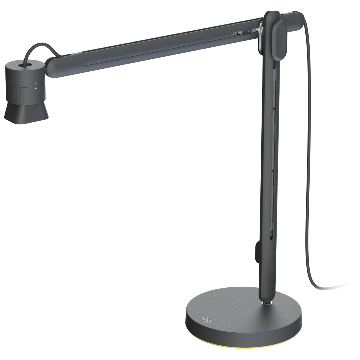 Ciemnoszara lampa biurkowa z głowicą kamery na białym tle.
