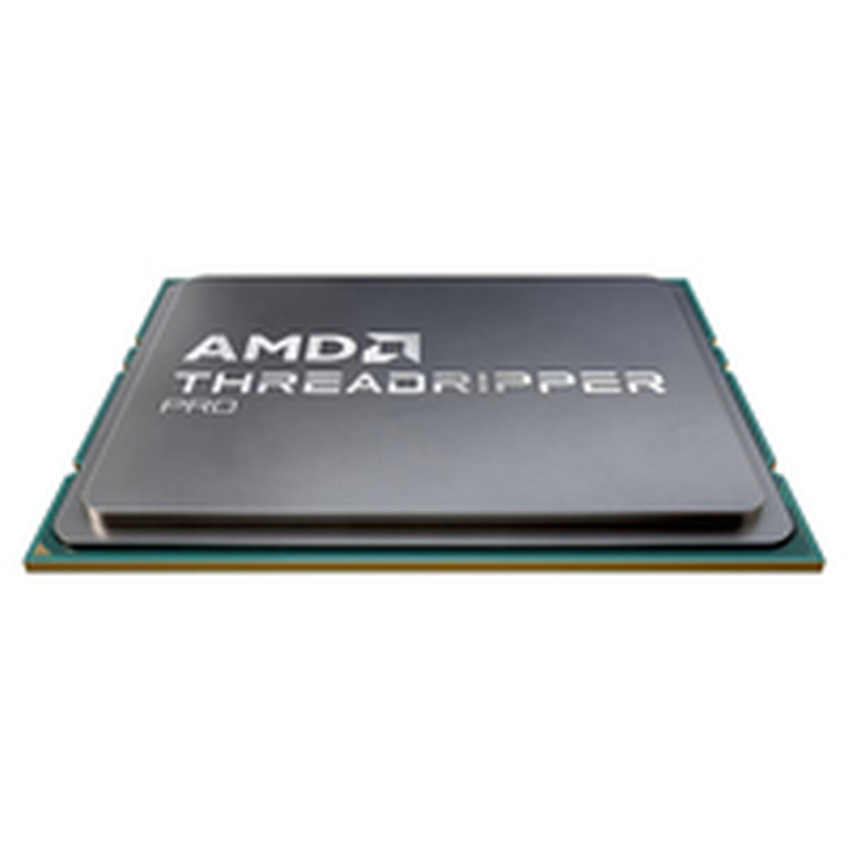 CPU AMD Threadripper Pro argentata su un chip quadrato verde e nero.