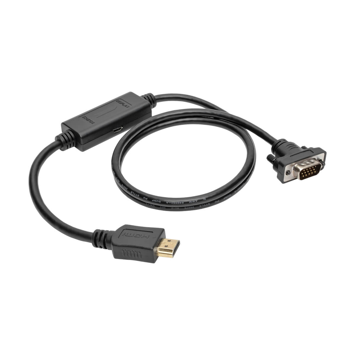 Cable HDMI a VGA negro con cabezales de conector.